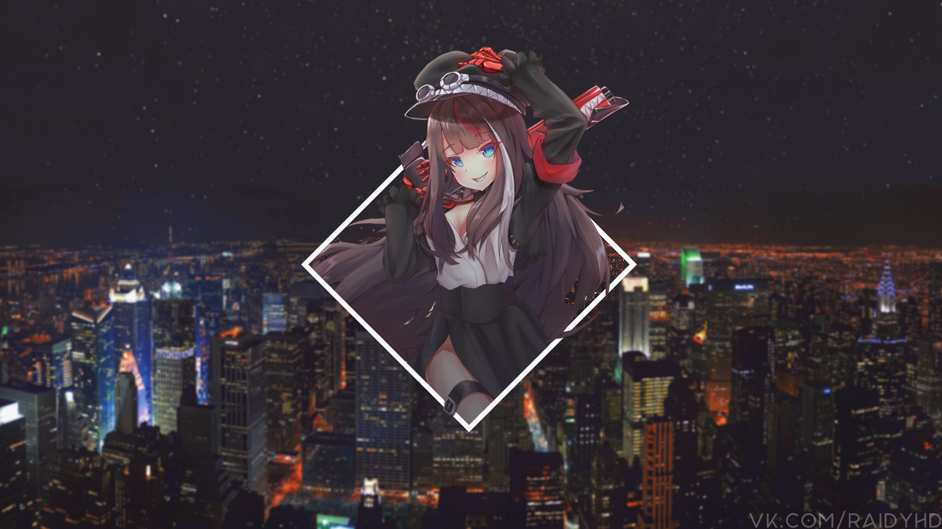 Anime girl in a hat over a city at night HD Wallpaper