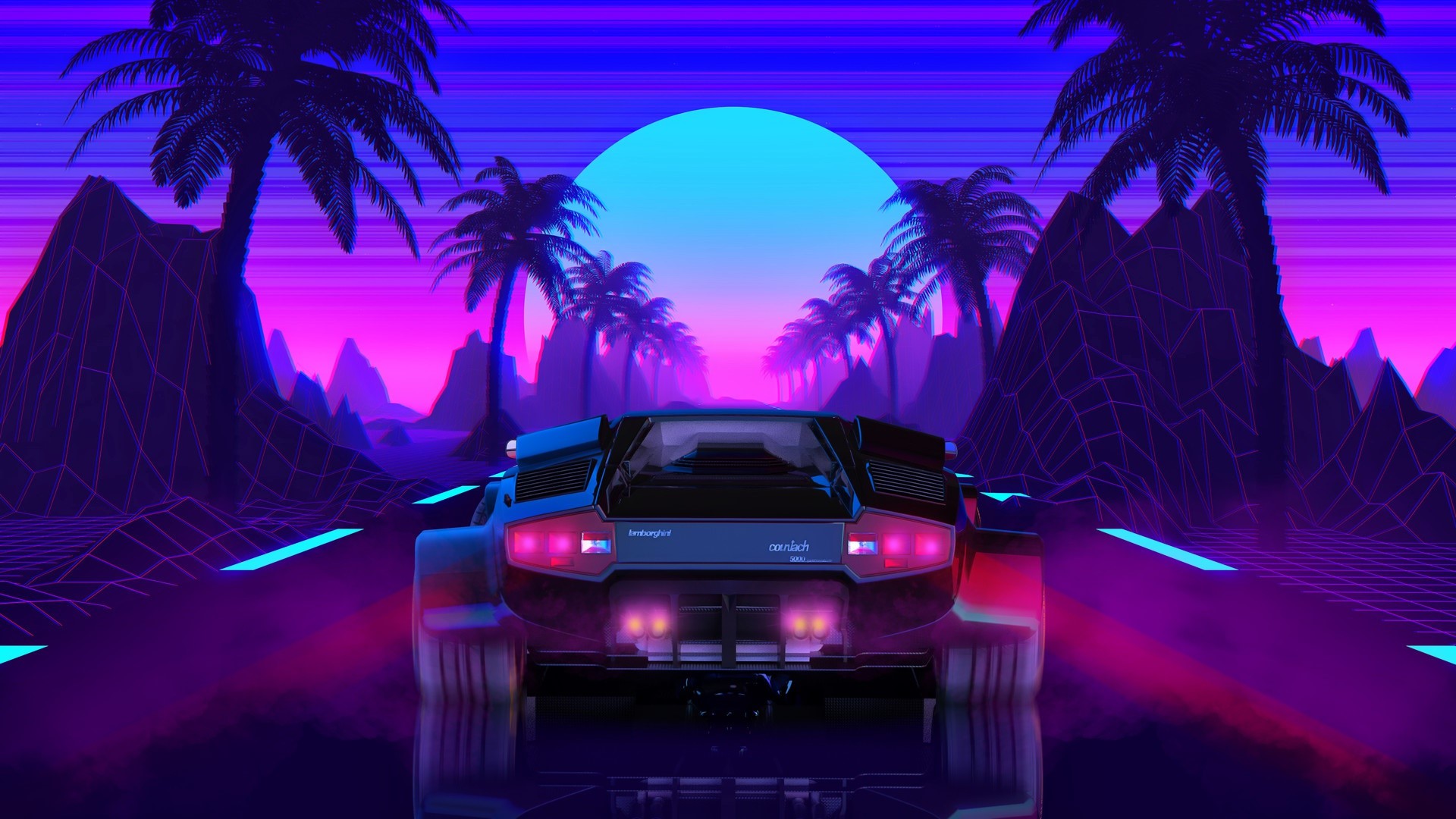 Lamborghini Countach driving on a neon road at sunset HD Wallpaper
