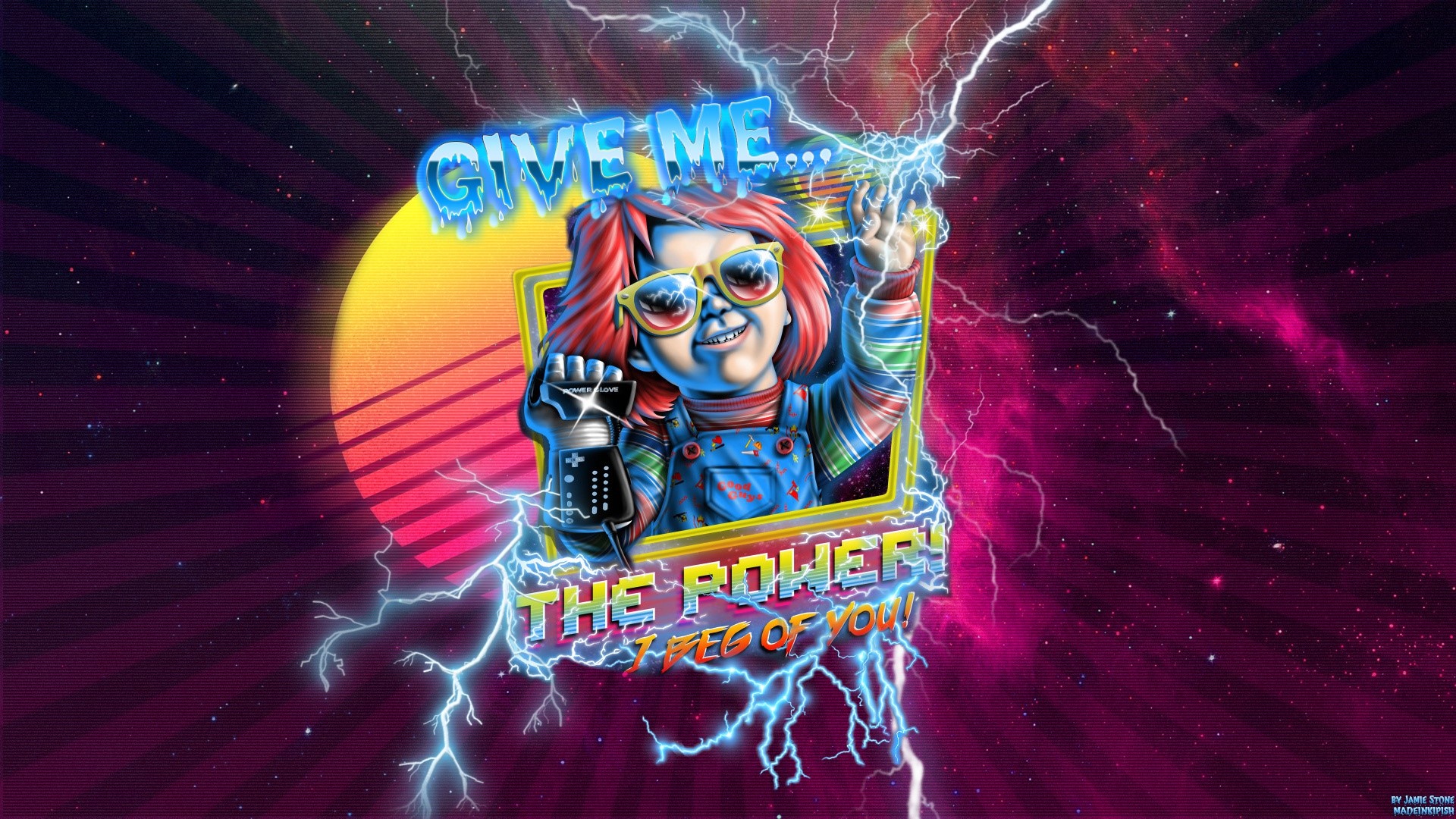 Chucky from Child's Play with sunglasses and lightning HD Wallpaper
