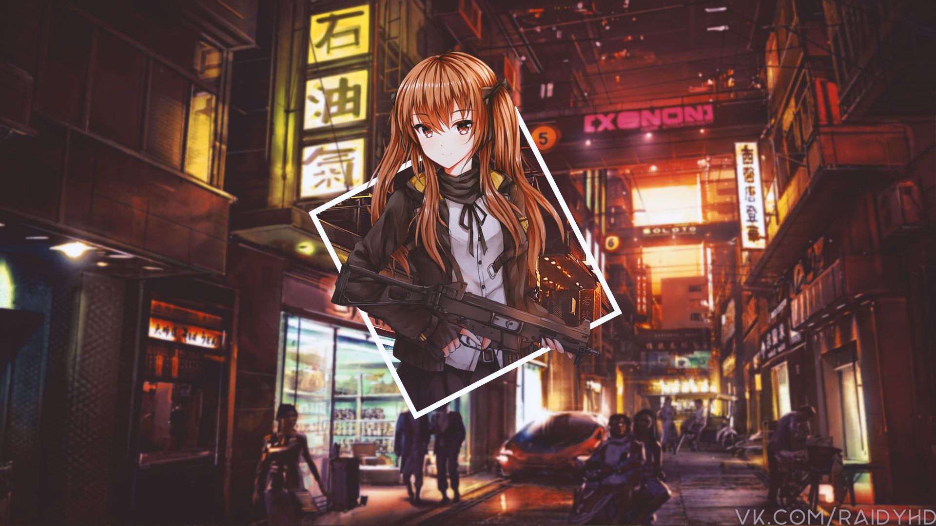 UMP45 from Girls Frontline in a neon city HD Wallpaper