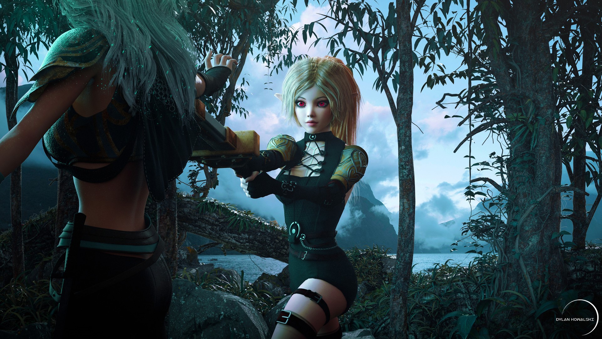 Two elves in a forest with a sword HD Wallpaper