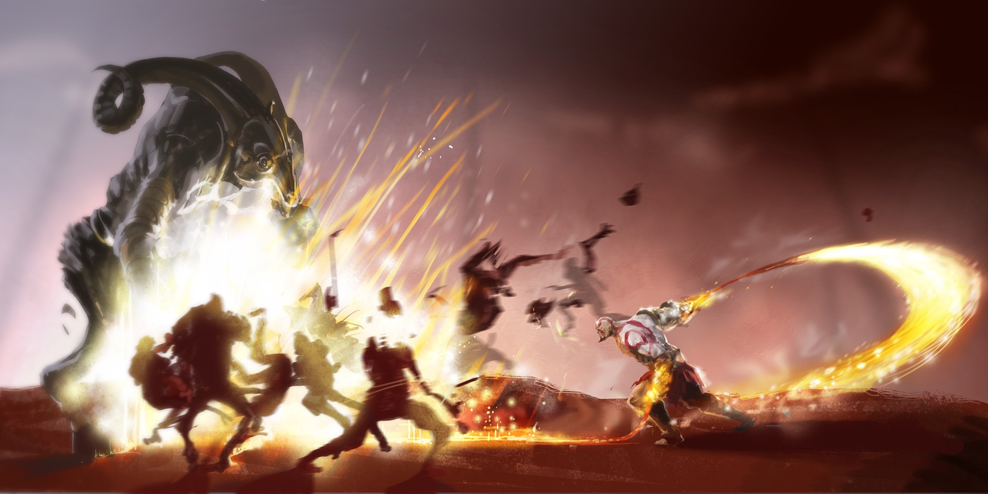 Kratos fighting a large beast in God of War HD Wallpaper