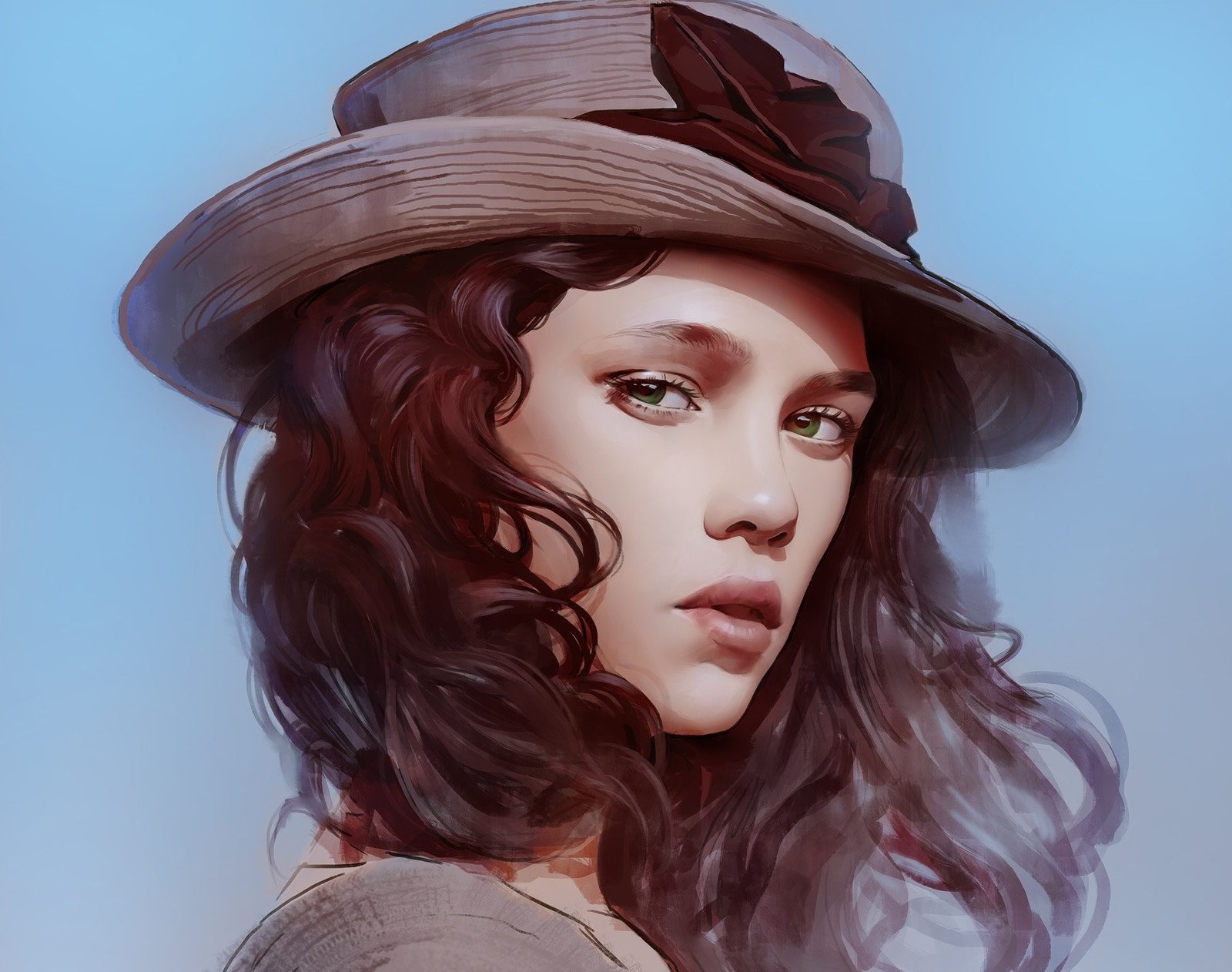 Illustration of a woman with curly hair wearing a hat HD Wallpaper