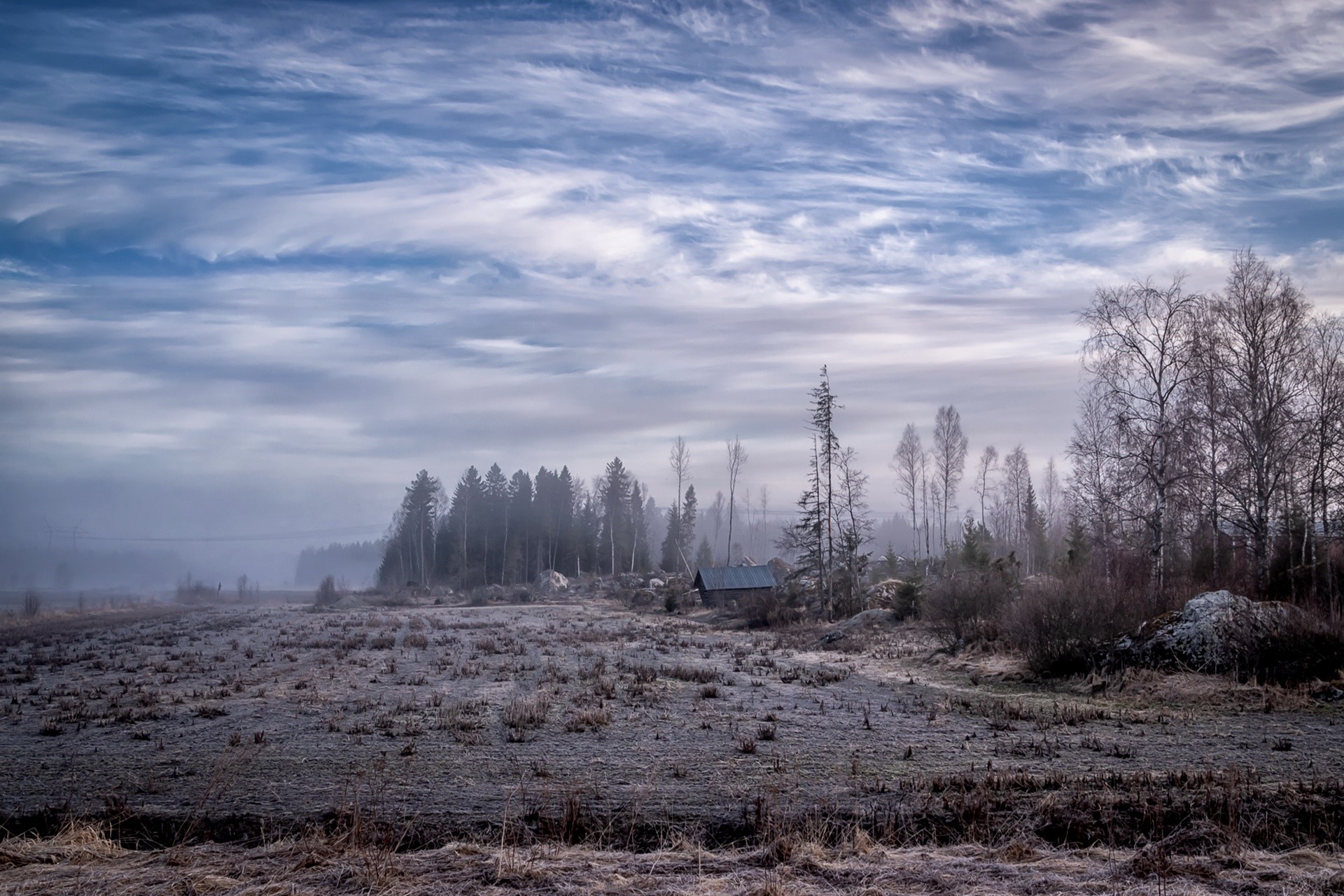 Frosty field with a small cabin and trees under a cloudy sky HD Wallpaper