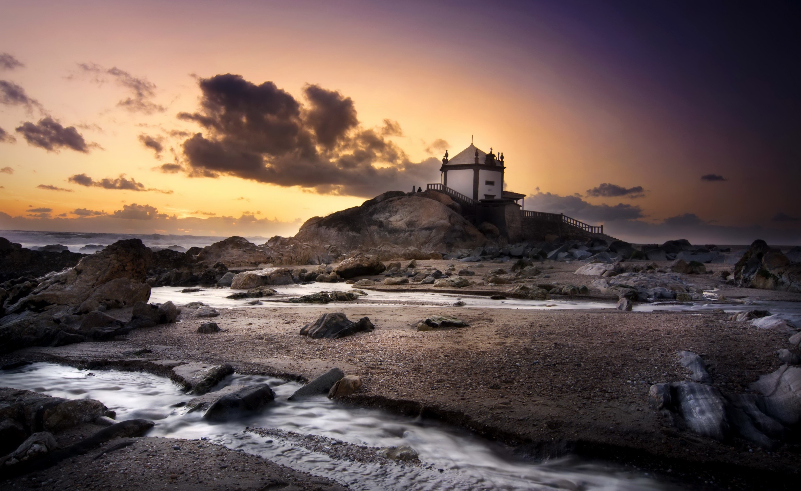 Chapel on rocks at sunset, Portugal HD Wallpaper