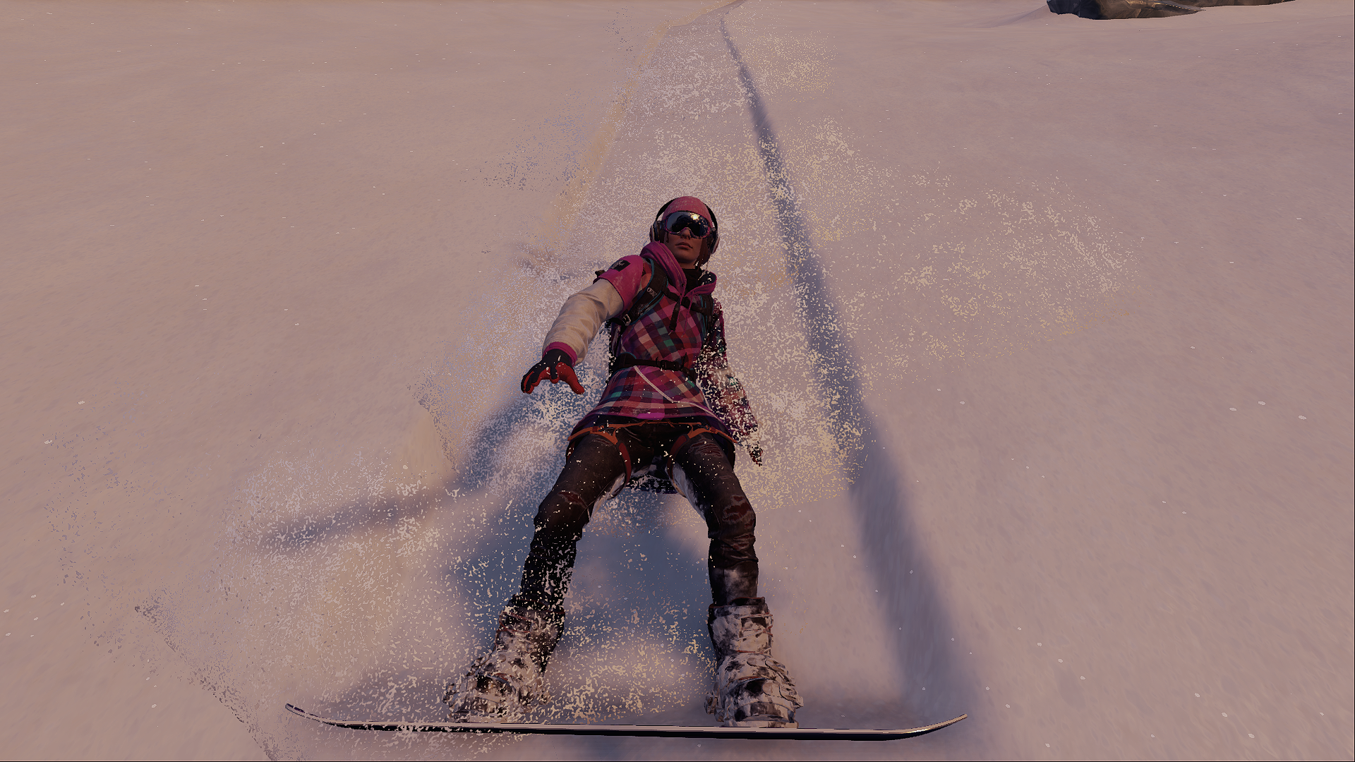 Snowboarder in pink and black outfit on a snowy slope HD Wallpaper