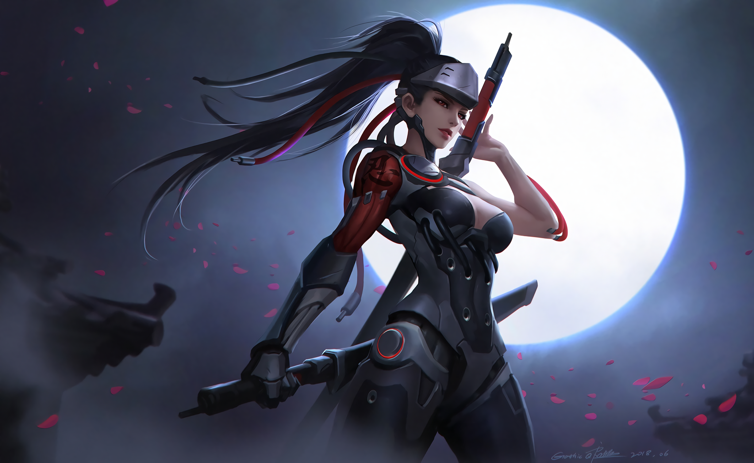 Genji (Overwatch) fan art with katana and rifle HD Wallpaper