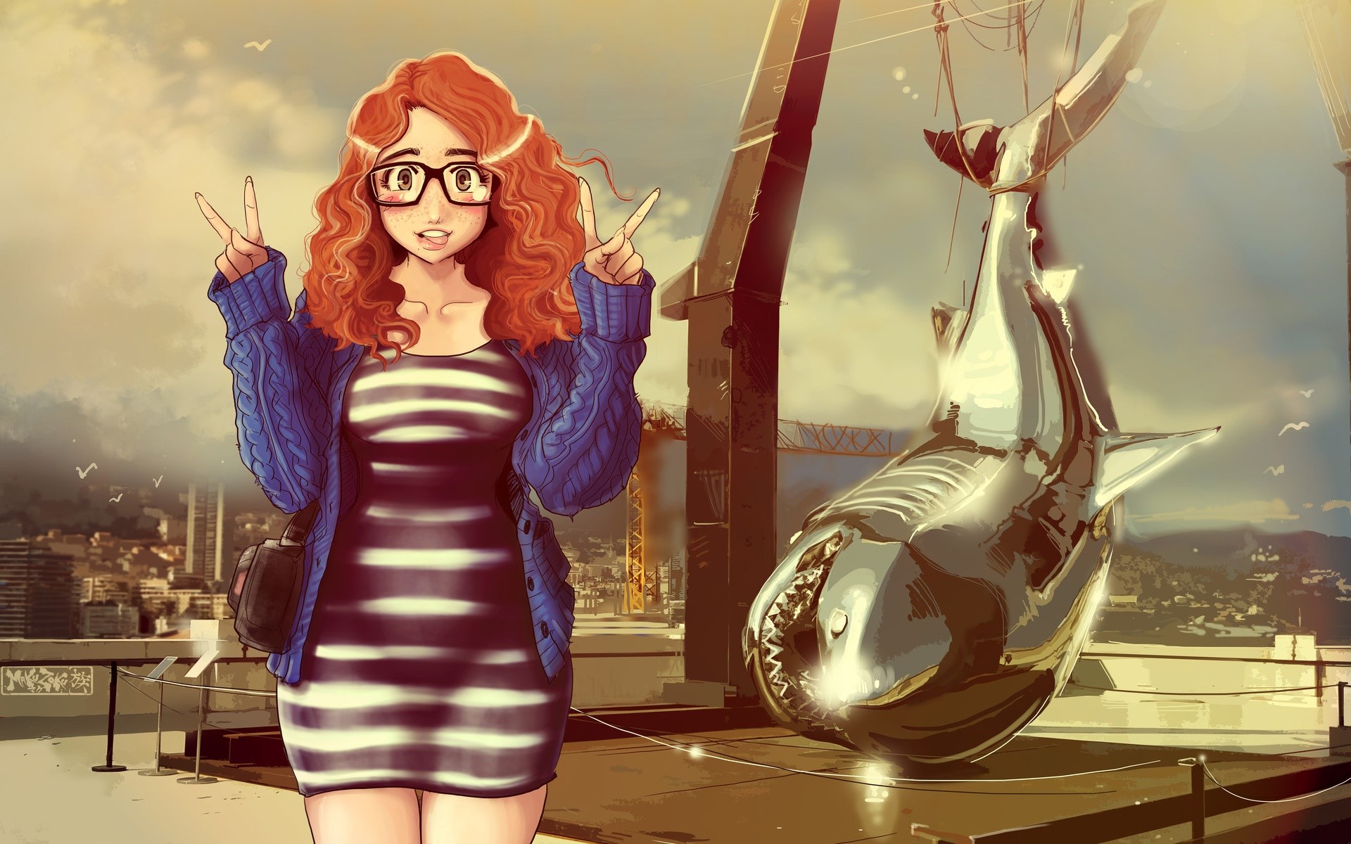 Woman with red curly hair and glasses posing with a shark sculpture HD Wallpaper
