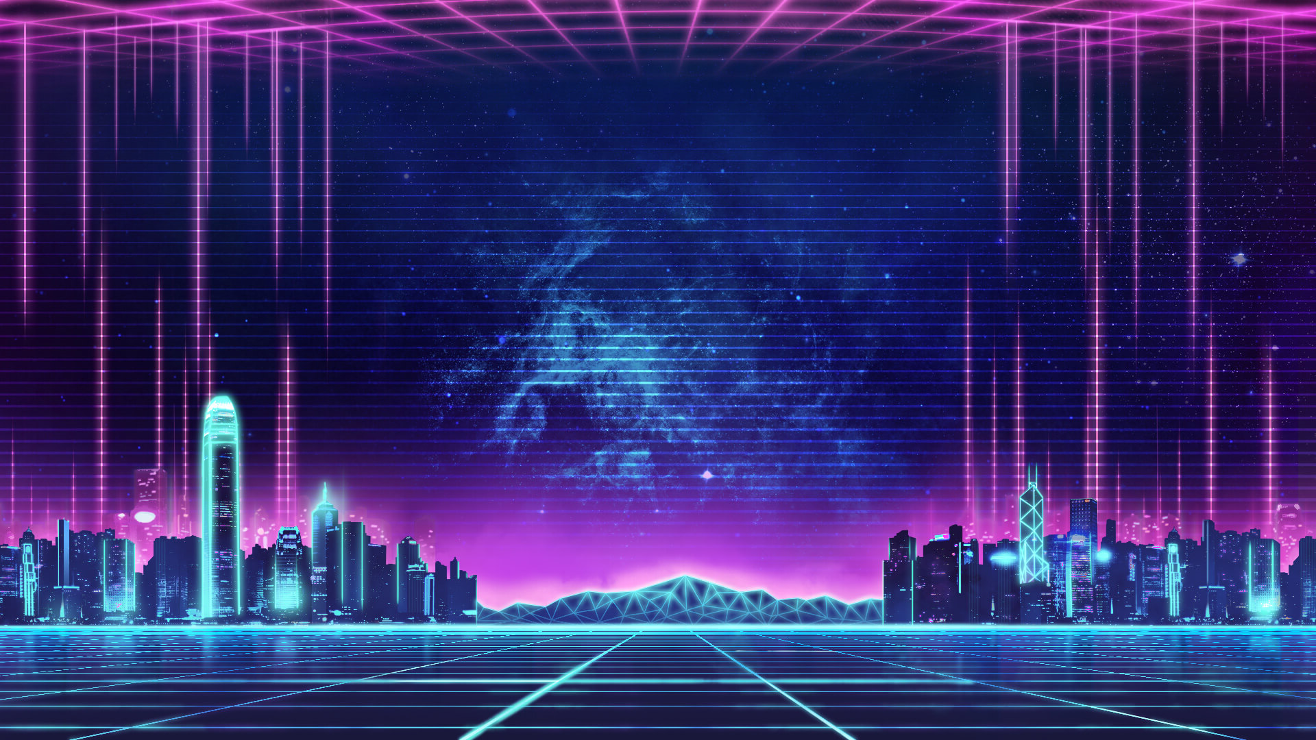 Synthwave Cityscape with Neon Grid HD Wallpaper