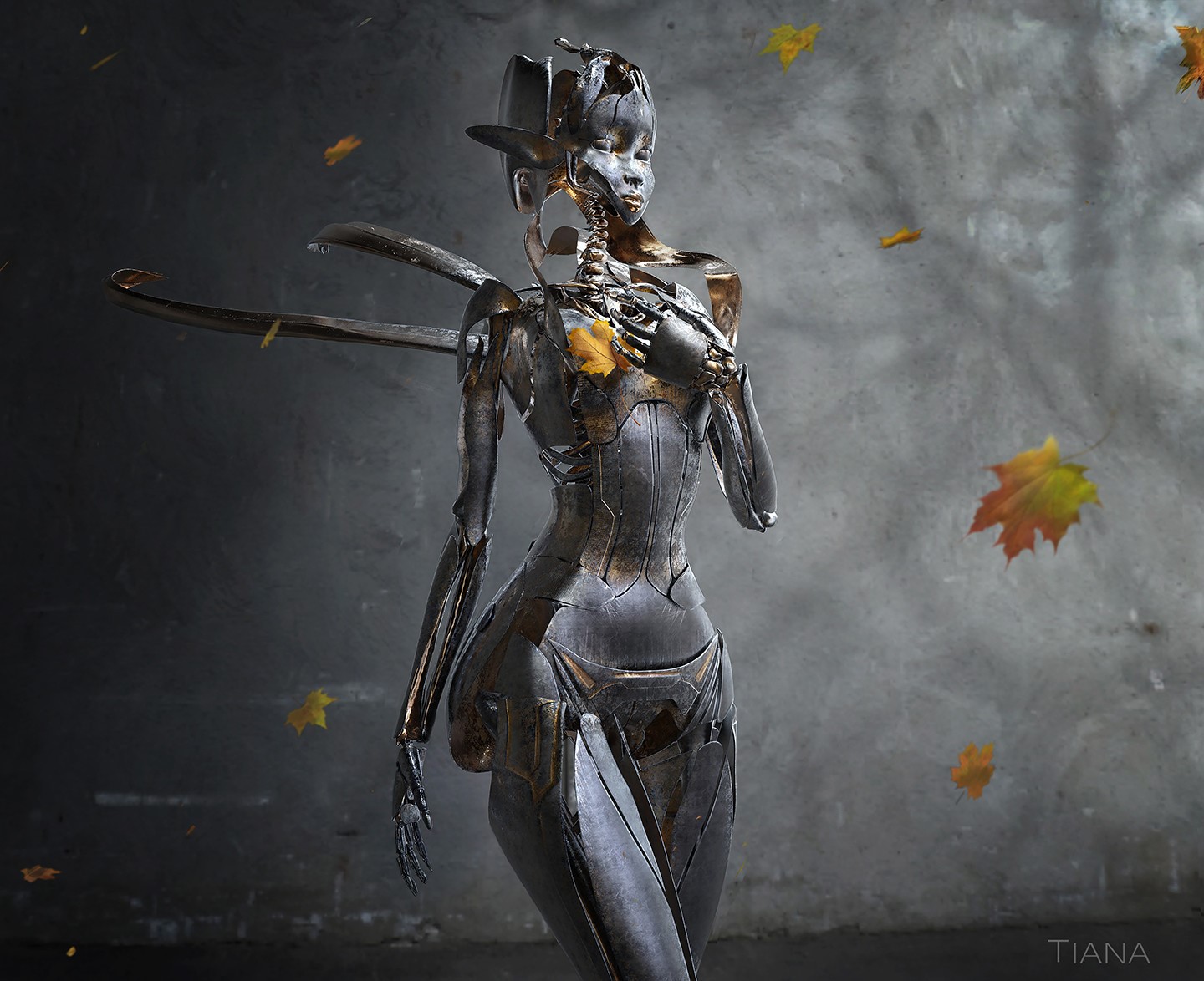 Mechanical woman with fallen leaves HD Wallpaper