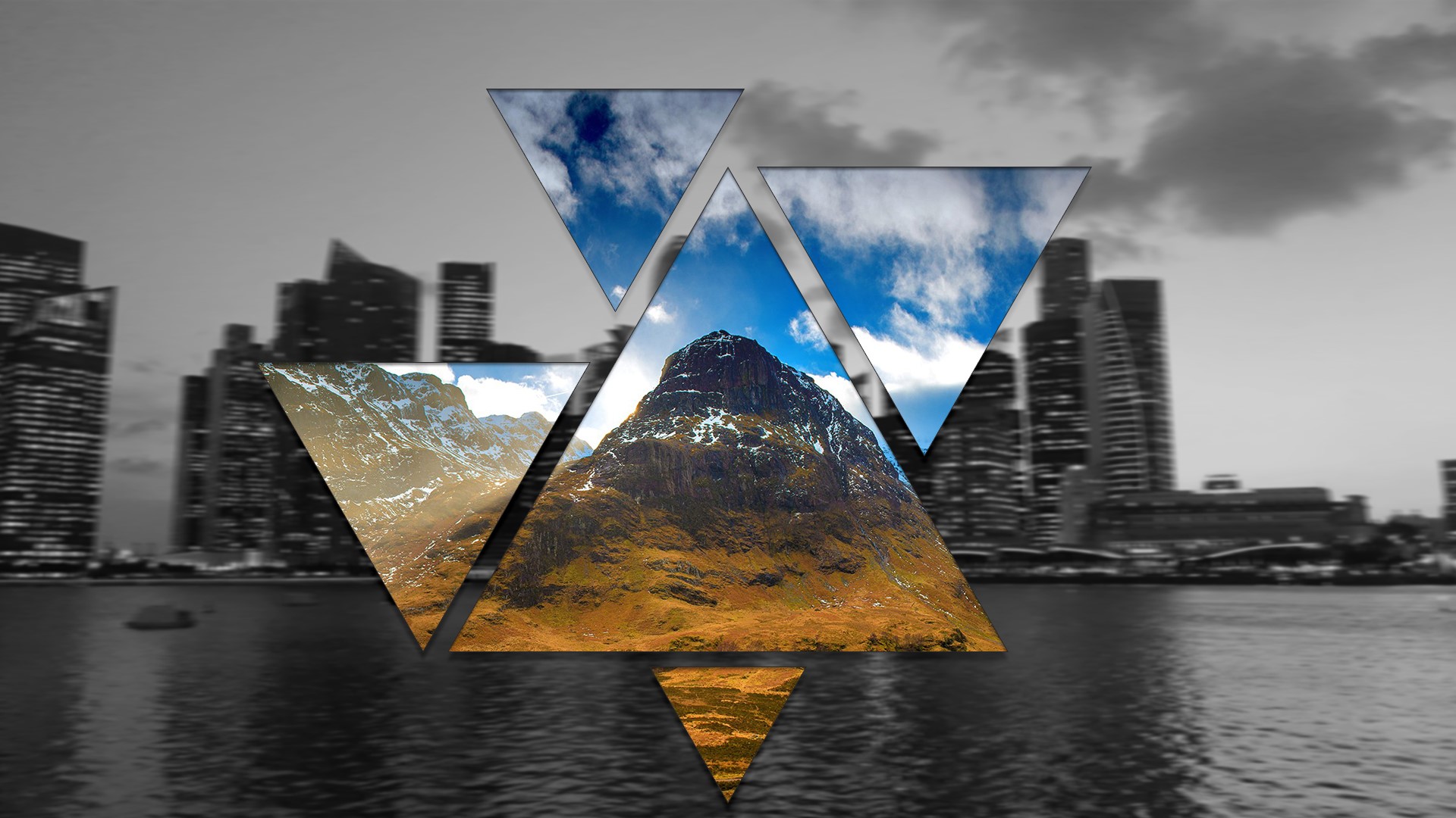 Geometric mountain and city landscape HD Wallpaper