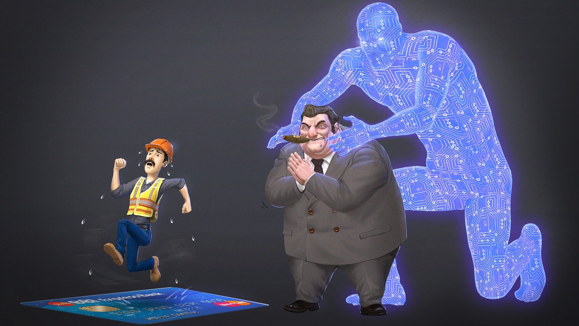 Man in hard hat running from businessman and digital entity HD Wallpaper