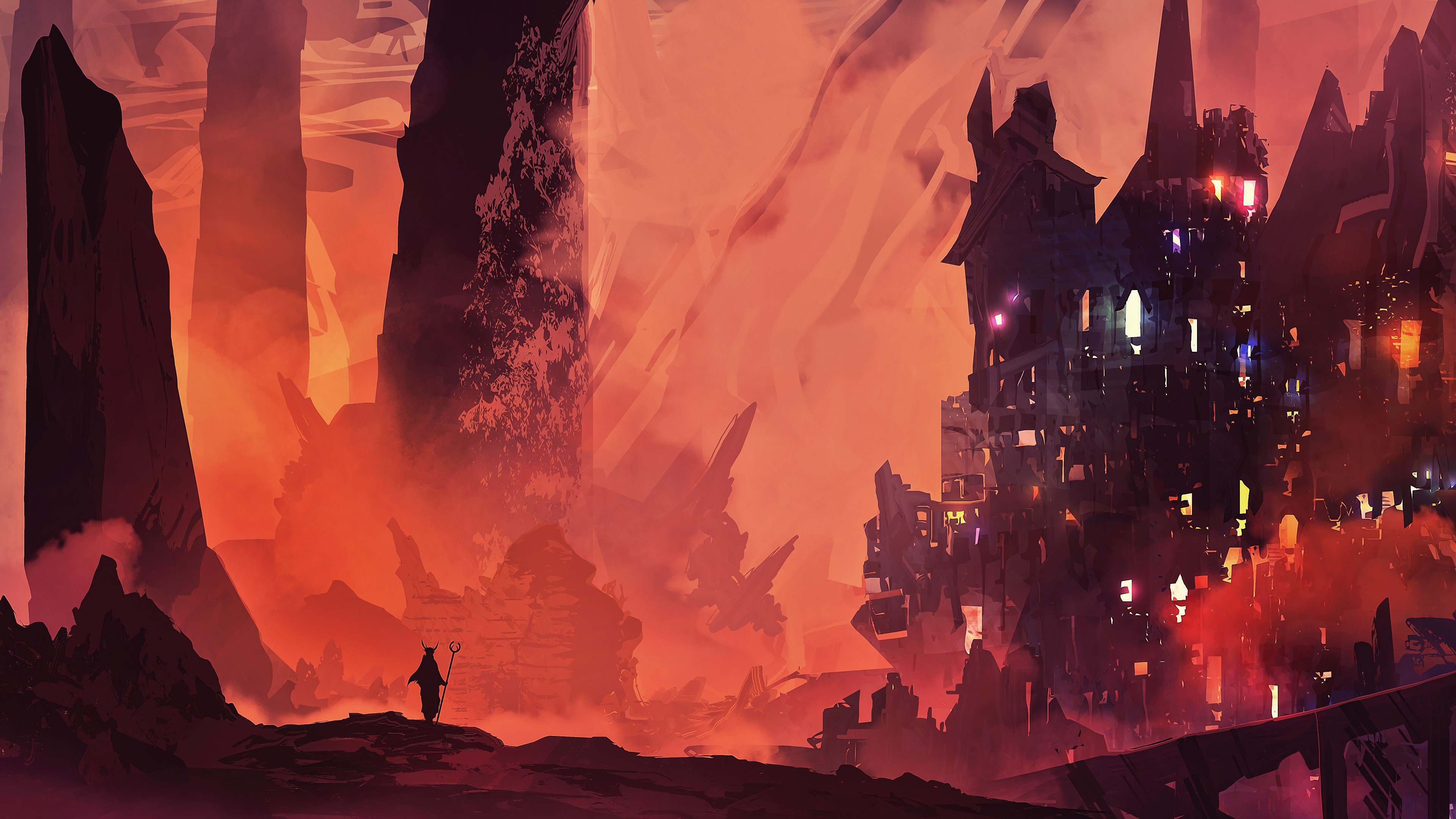 Fantasy art of a dark castle in a fiery landscape HD Wallpaper