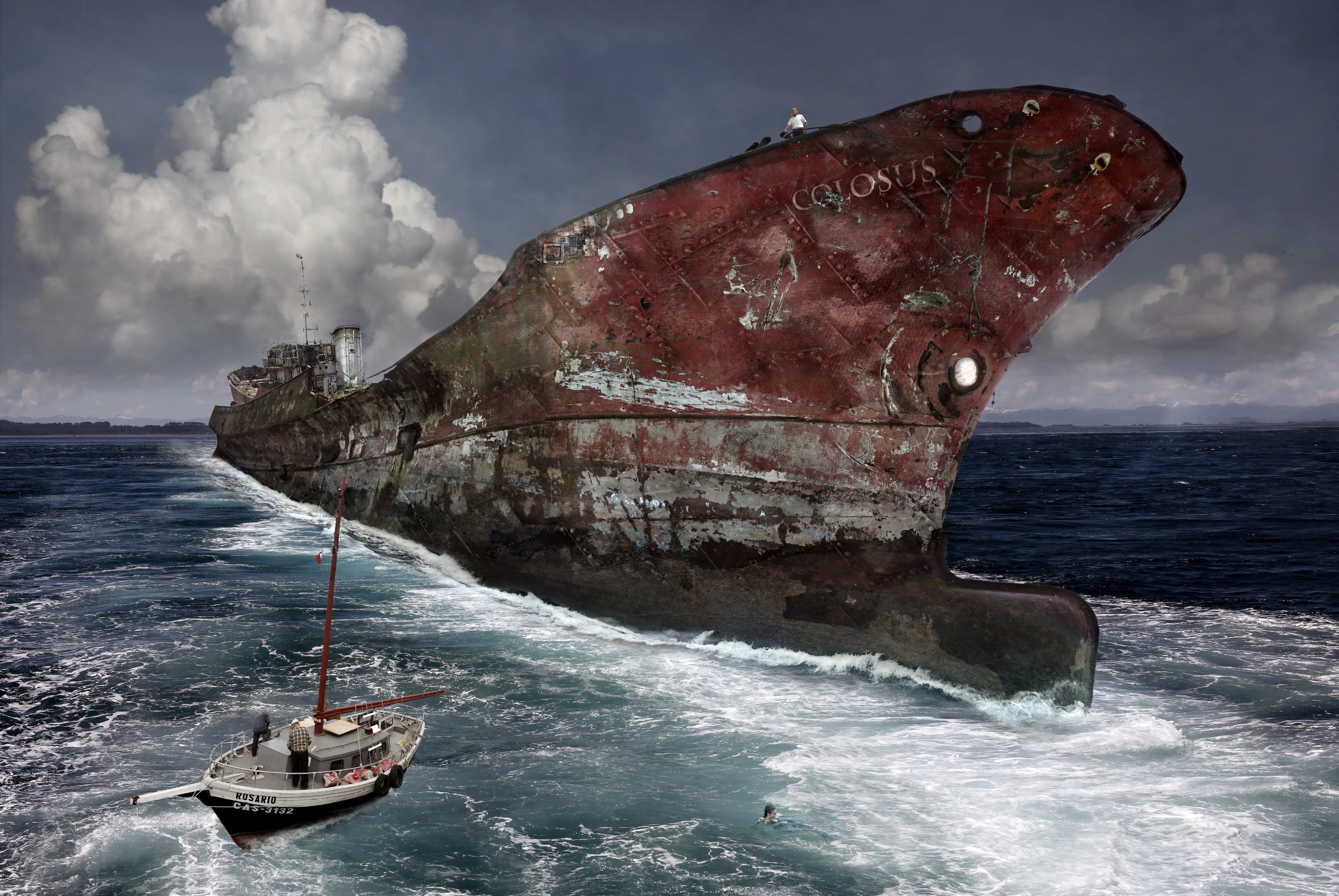 The Colossus shipwreck and a small sailboat HD Wallpaper