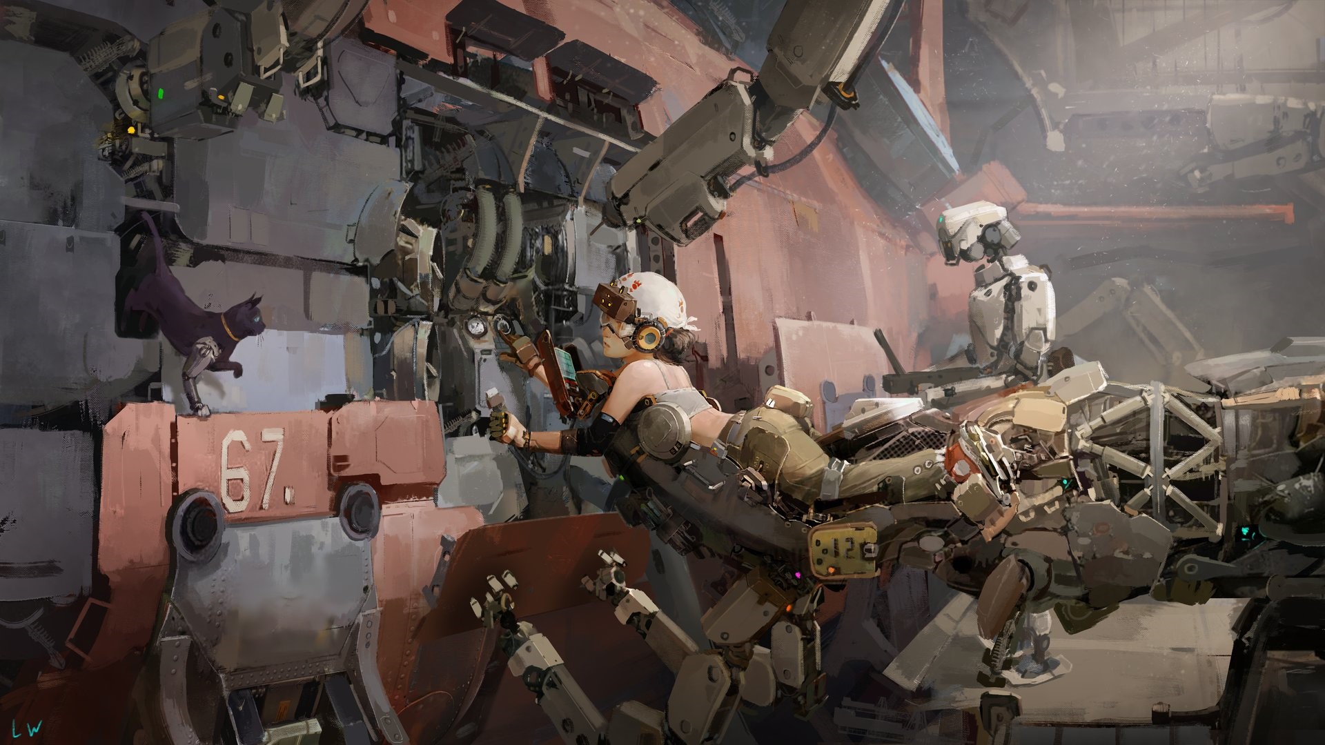 Cyberpunk workshop with a girl and a robot cat HD Wallpaper