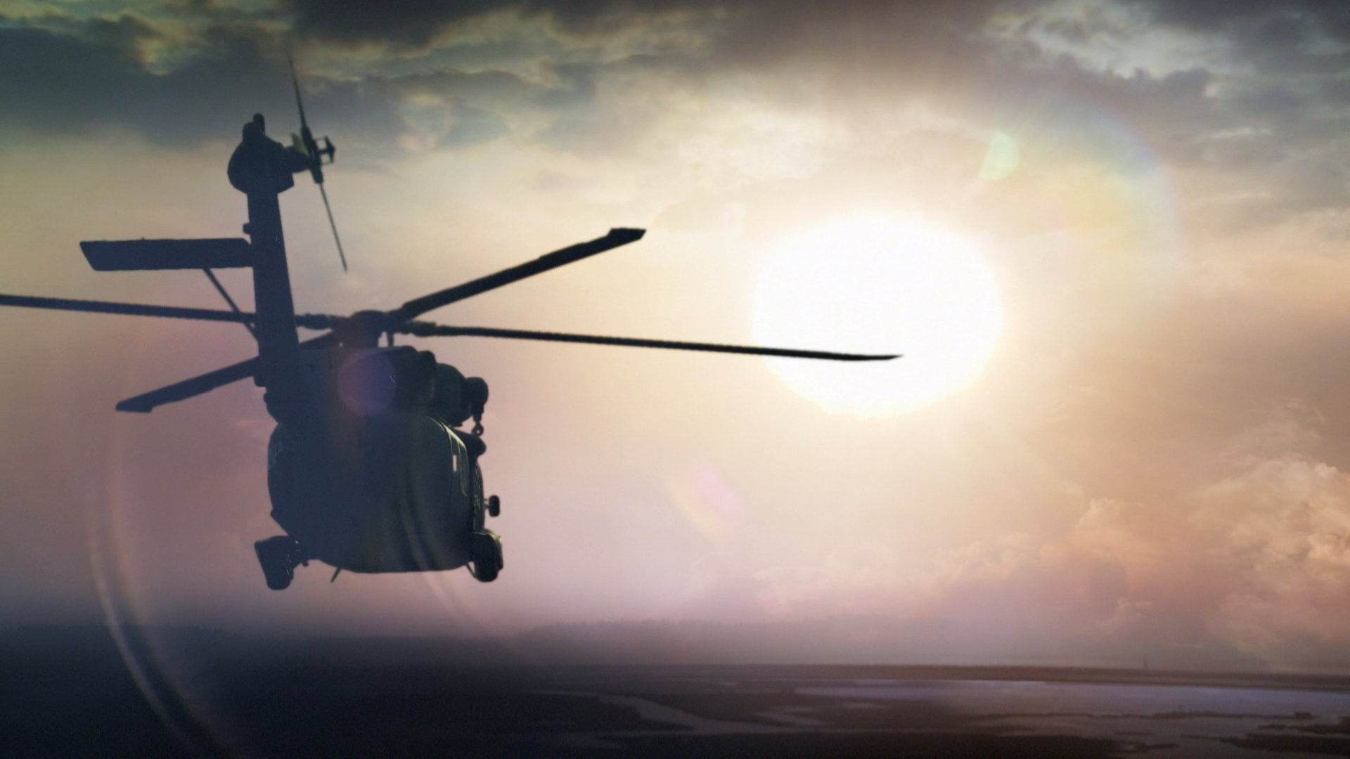 Helicopter flying towards the sun with lens flare HD Wallpaper