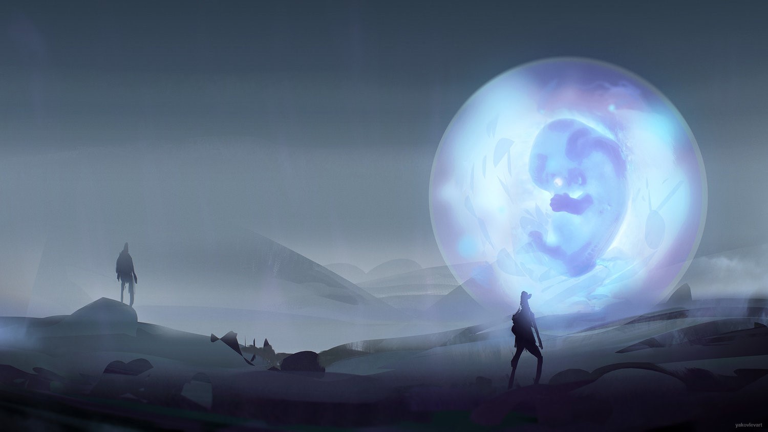 Two figures observe a glowing blue orb in a desolate landscape HD Wallpaper