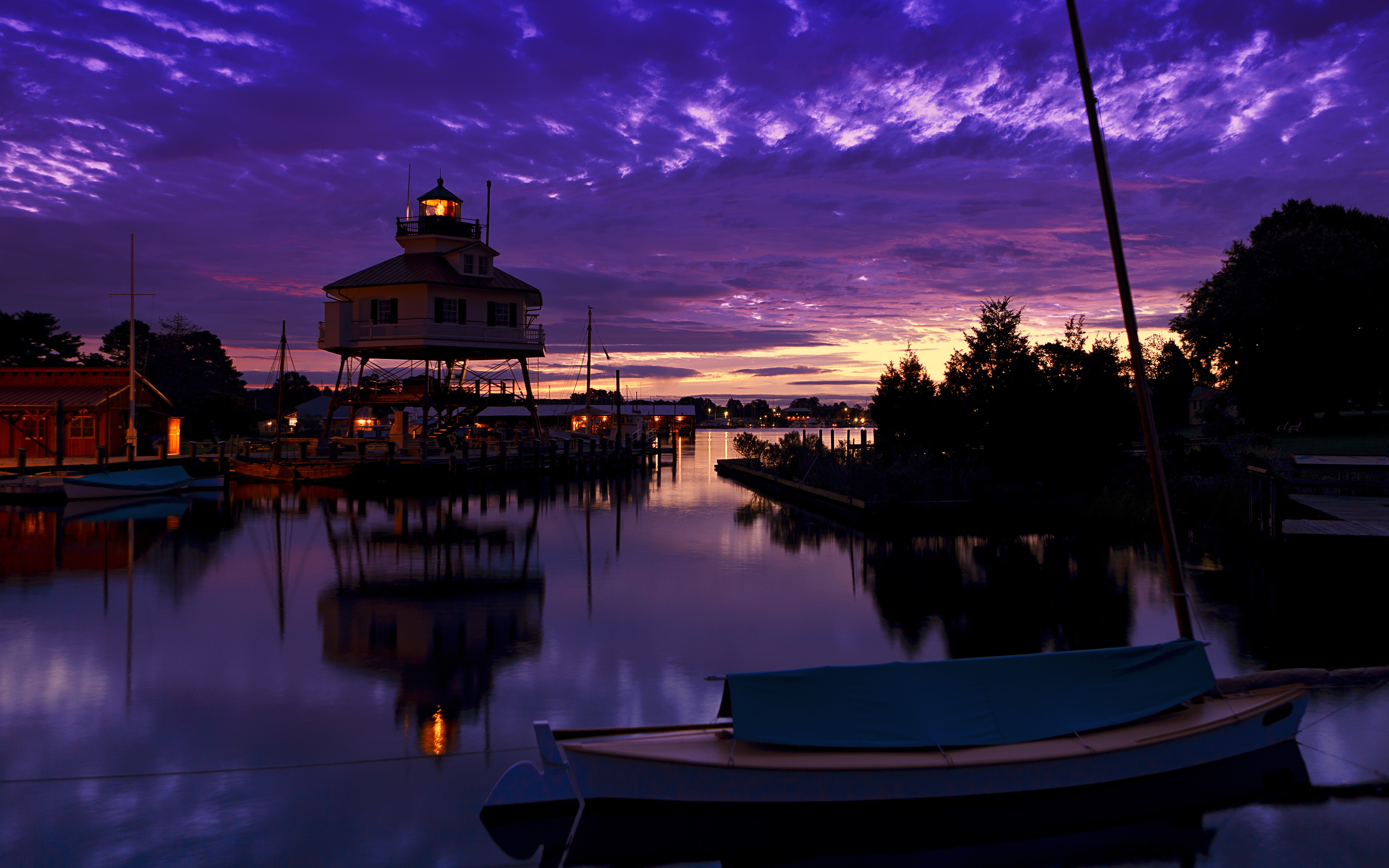 4K Lighthouse and Boats at Sunrise HD Wallpaper