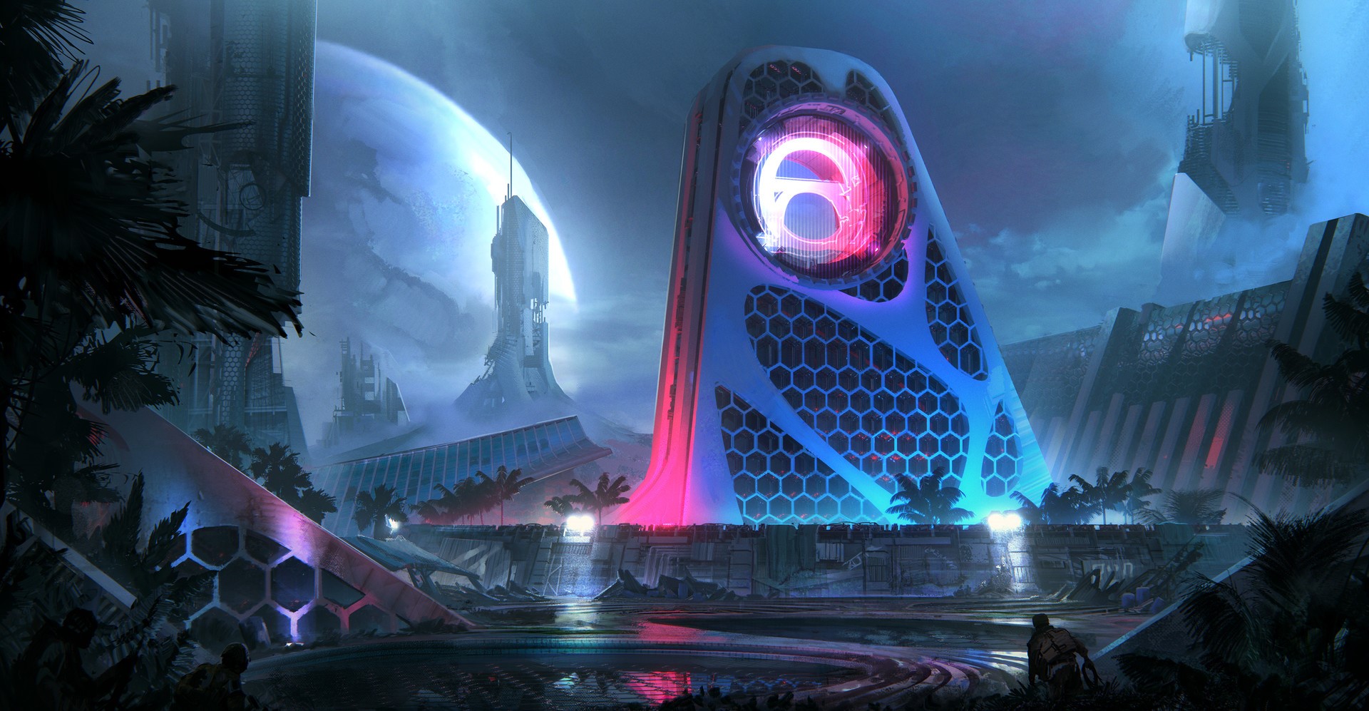 Futuristic alien city with a large glowing tower HD Wallpaper