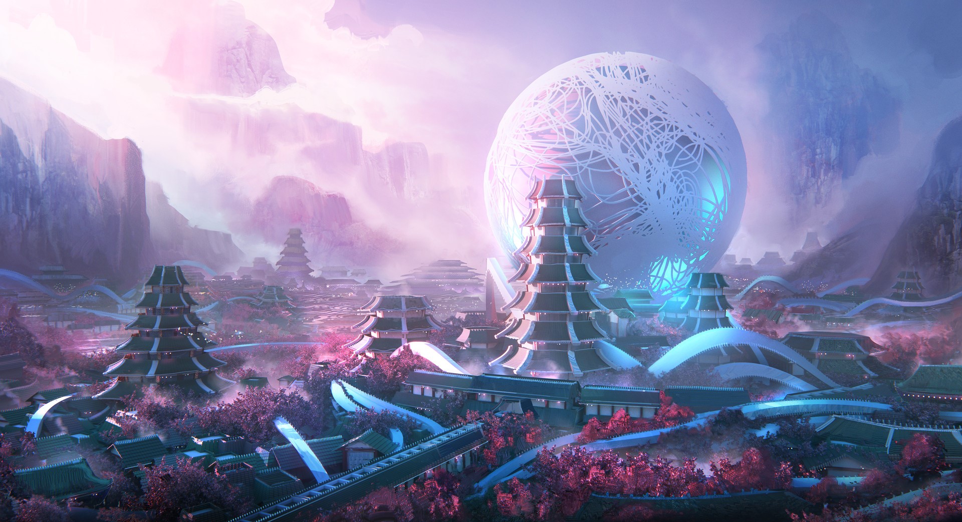 Fantasy city with pagodas and a large orb HD Wallpaper
