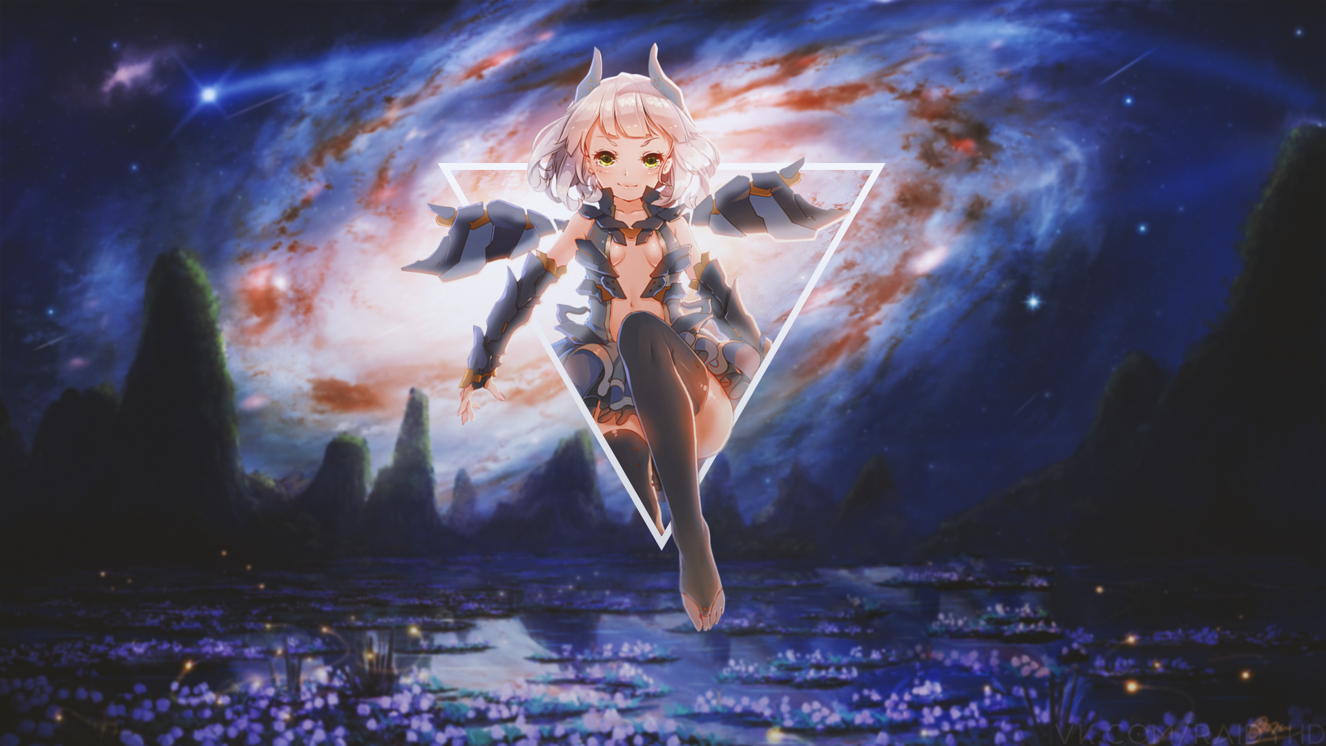 Anime girl with horns and armor in space HD Wallpaper