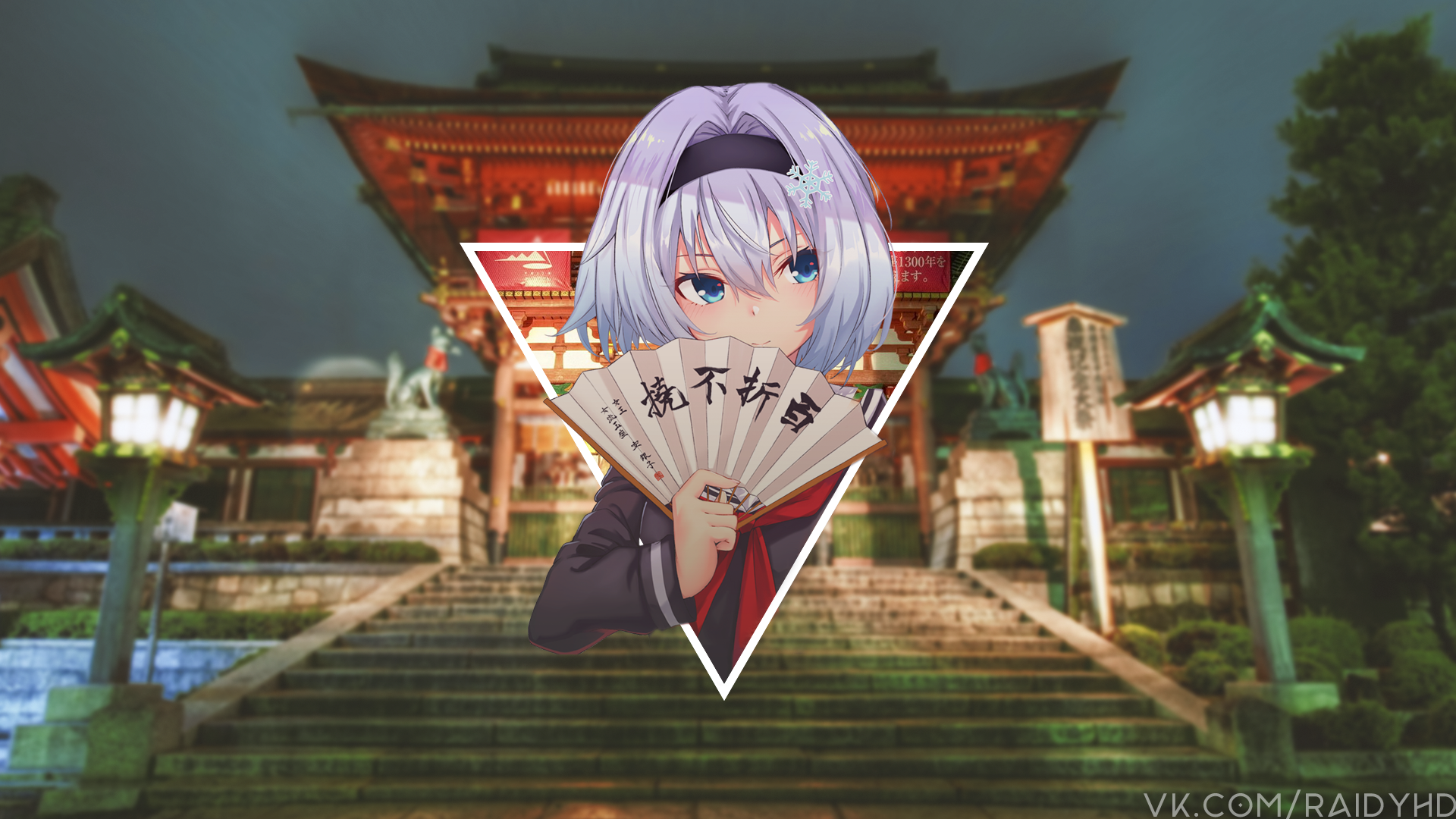 Anime girl with a fan in front of a Japanese temple HD Wallpaper