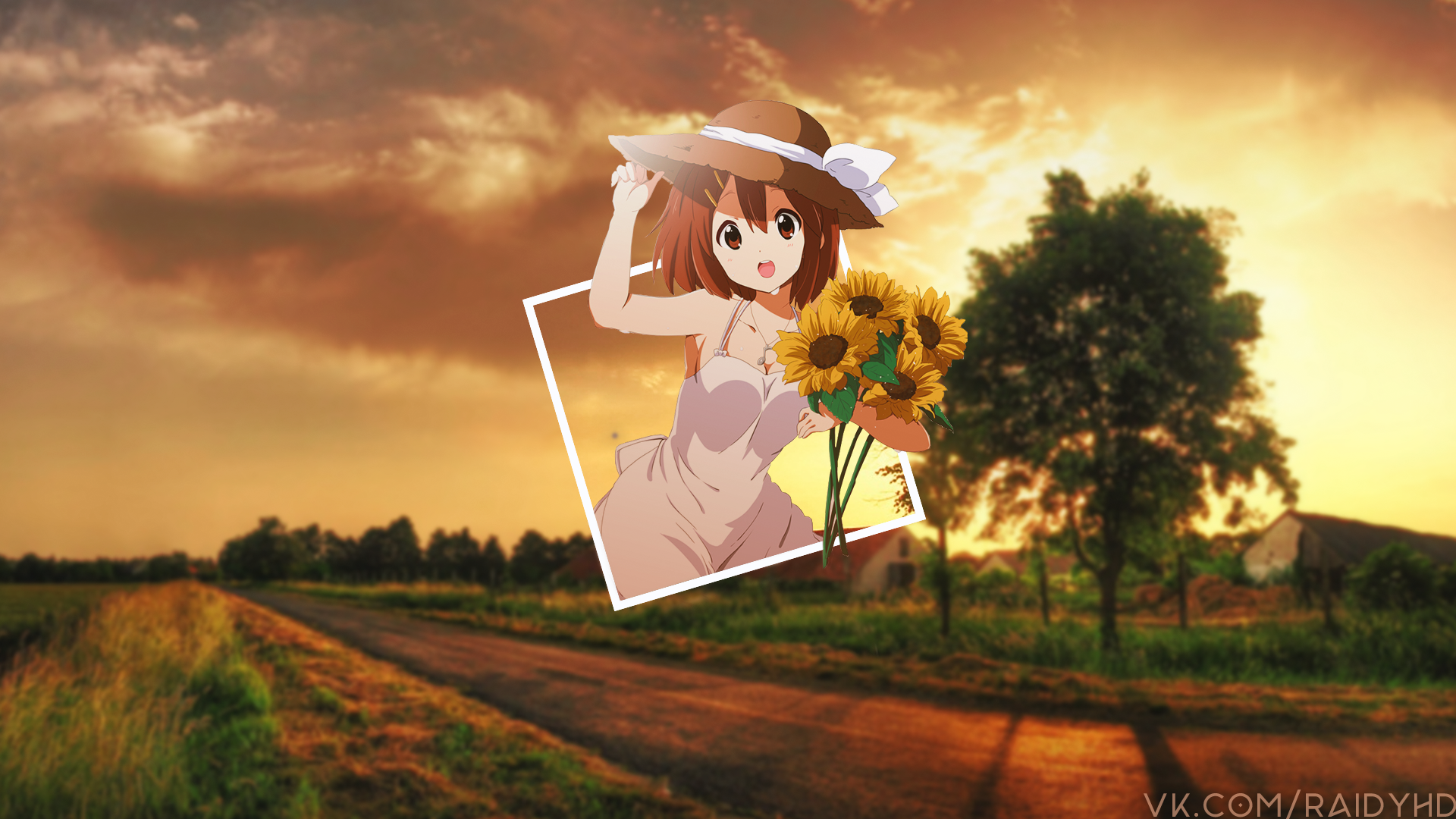 Anime girl with sunflowers and straw hat HD Wallpaper