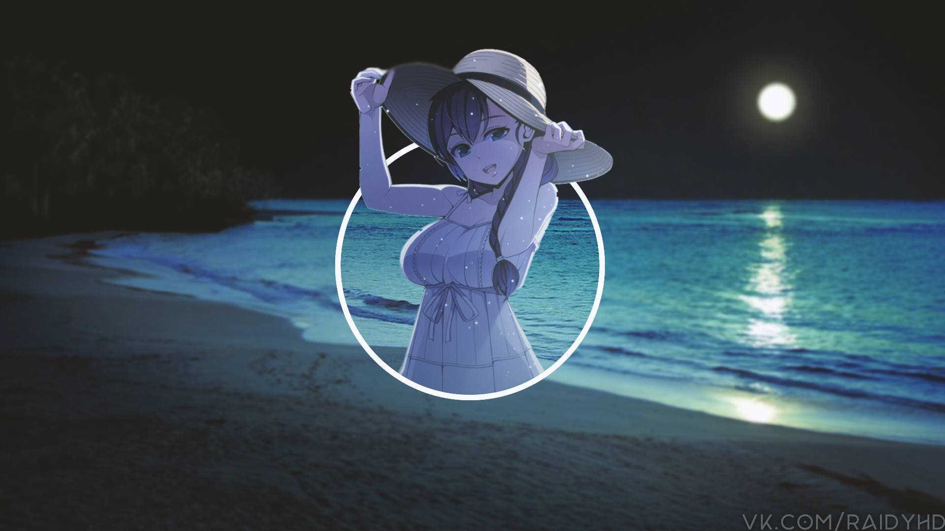 Anime girl in a hat on a beach at night HD Wallpaper