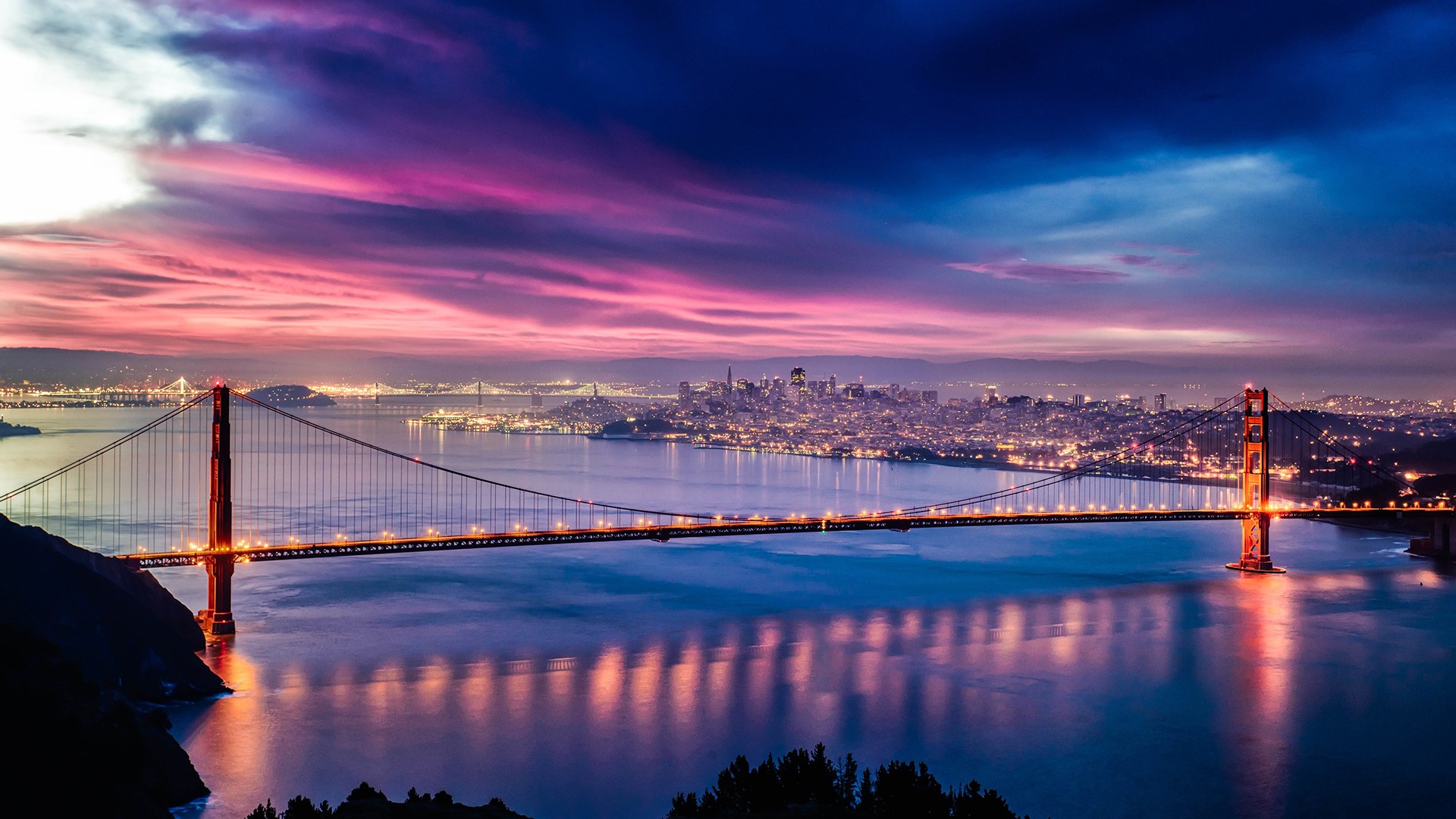 Golden Gate Bridge at night with San Francisco skyline HD Wallpaper