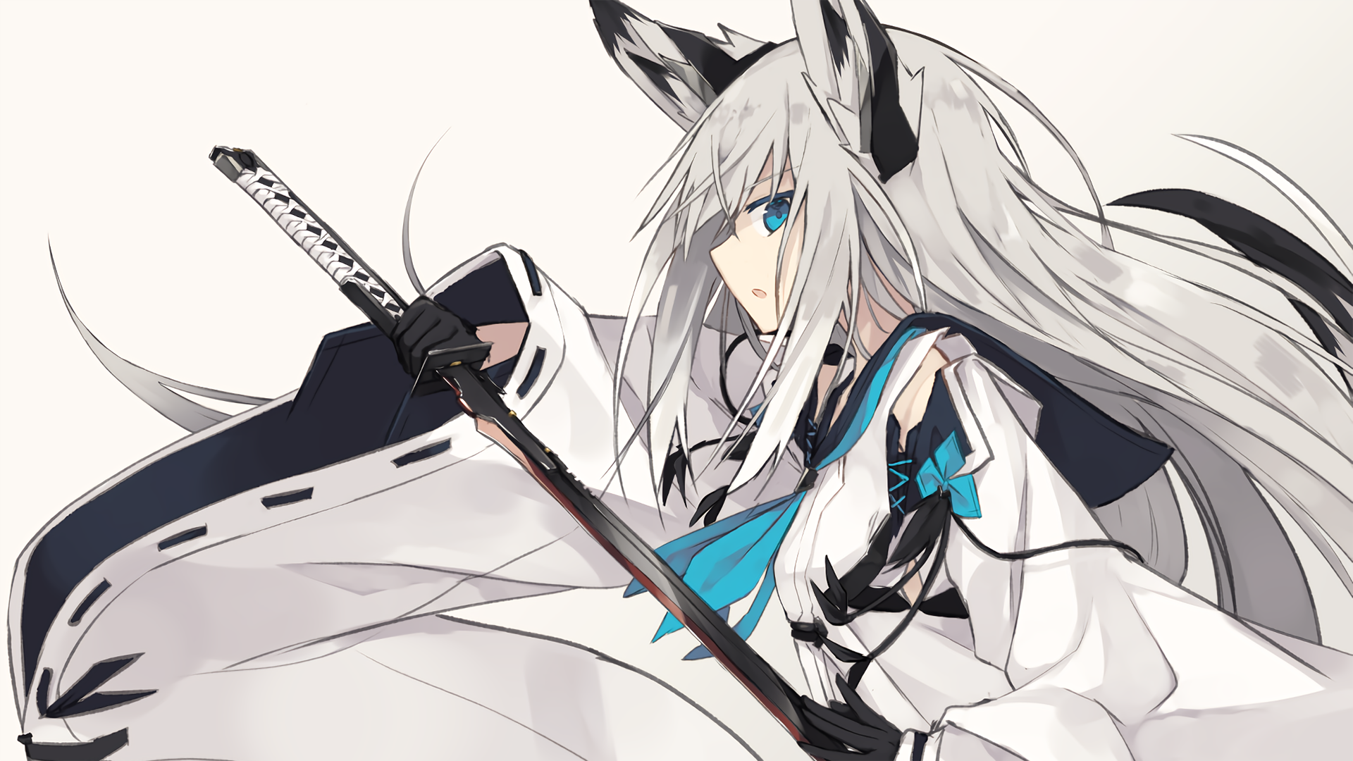 Anime girl with white hair and blue eyes holding a katana HD Wallpaper