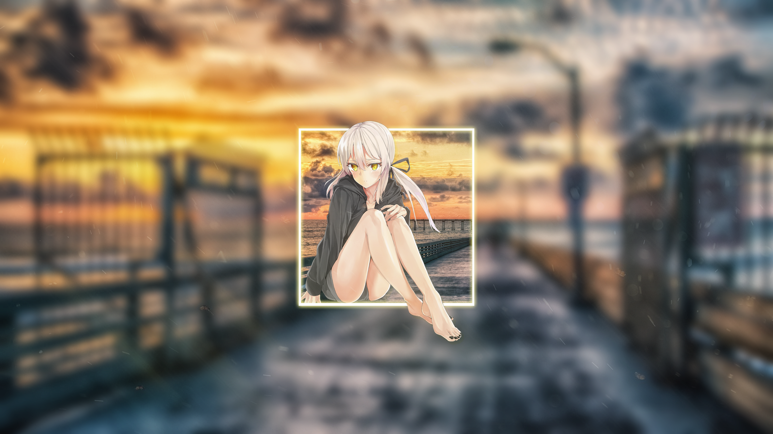 Anime girl with silver hair and yellow eyes on a pier HD Wallpaper