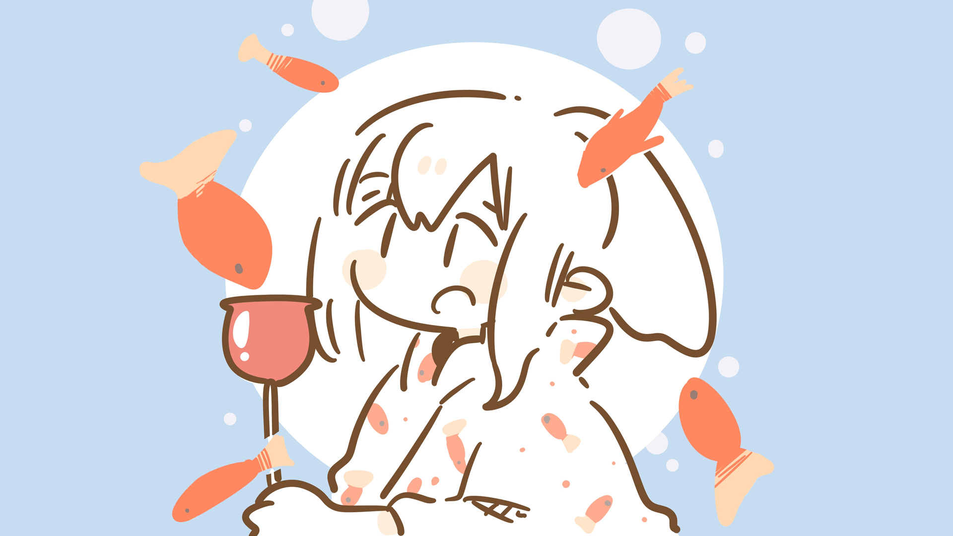 Anime girl with fish and drink HD Wallpaper