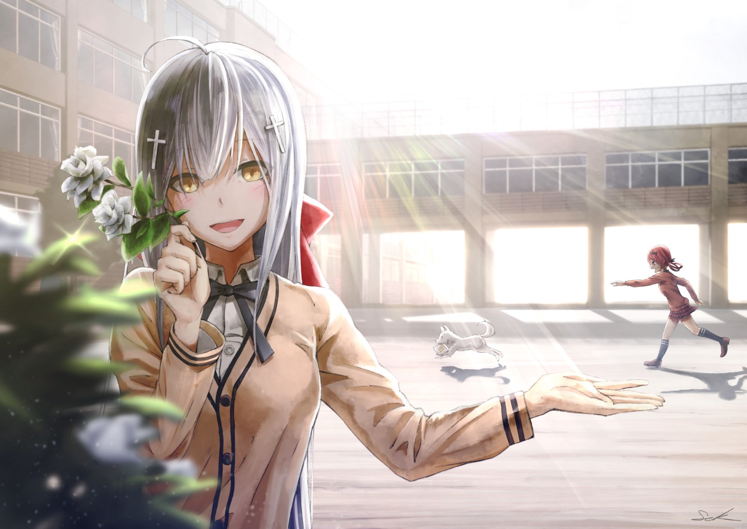 Anime girl with white roses and a running girl HD Wallpaper