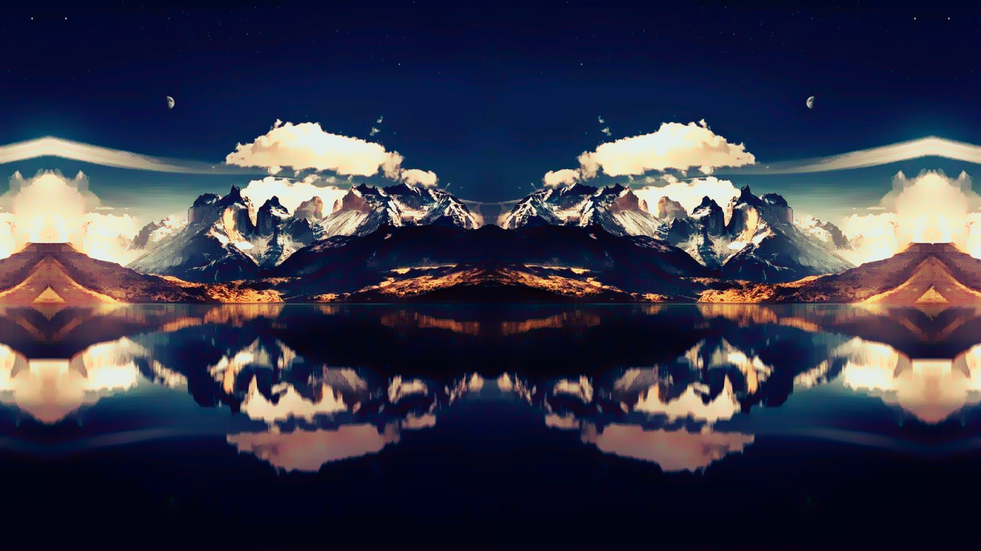 Symmetrical mountain landscape reflected in water HD Wallpaper