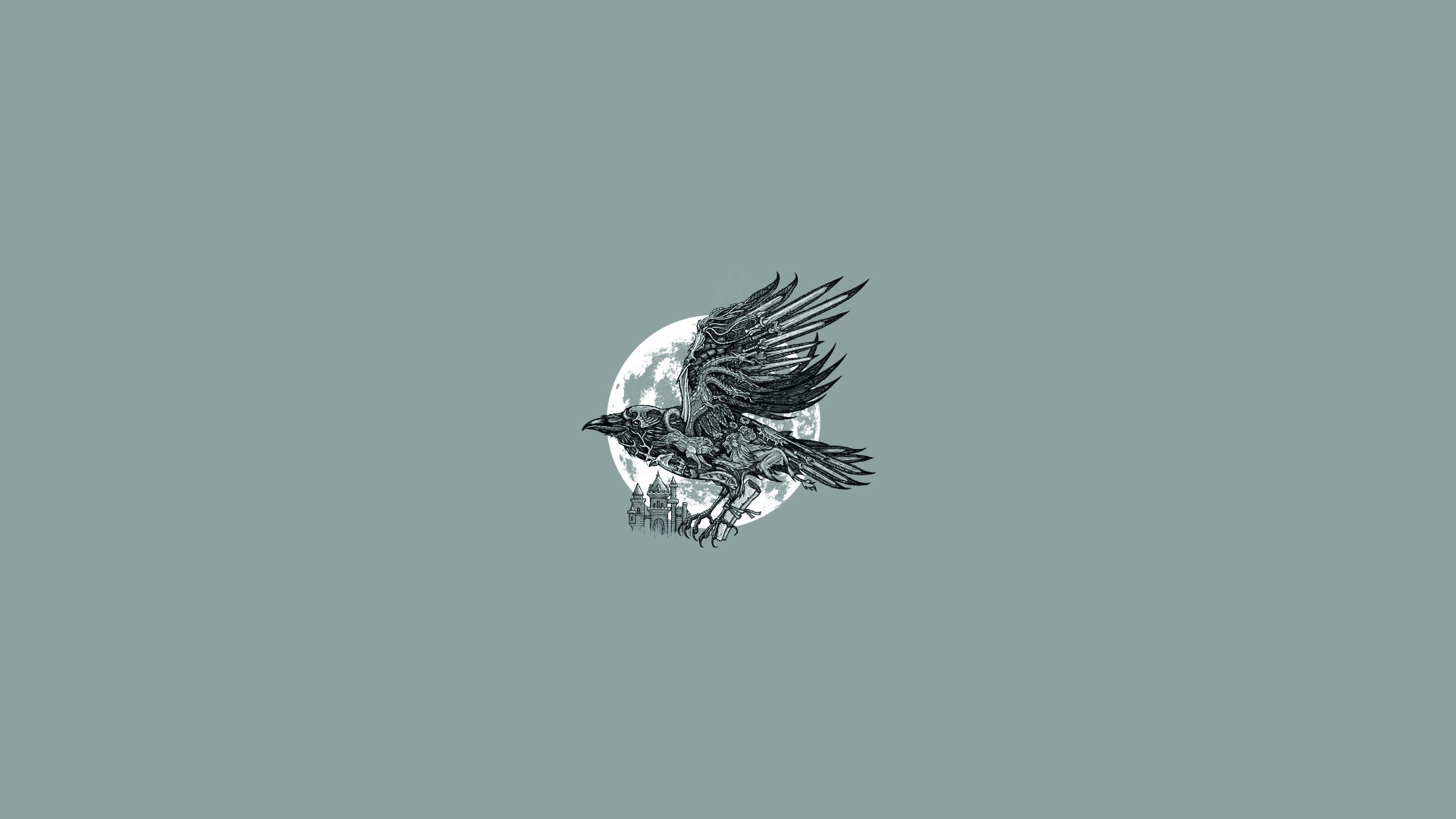 Raven flying in front of the moon with a castle HD Wallpaper