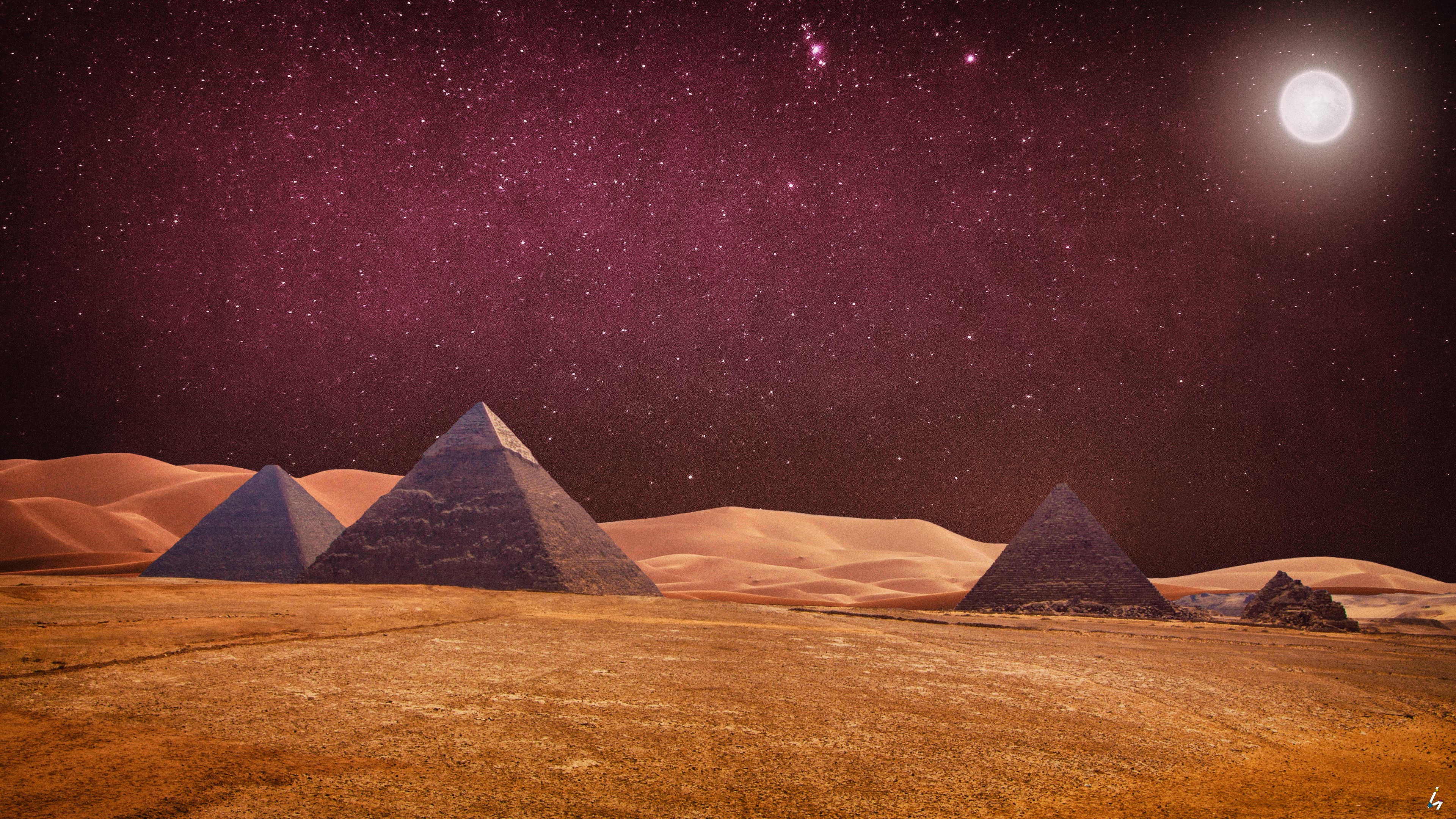 Pyramids under a starry night sky with a full moon HD Wallpaper
