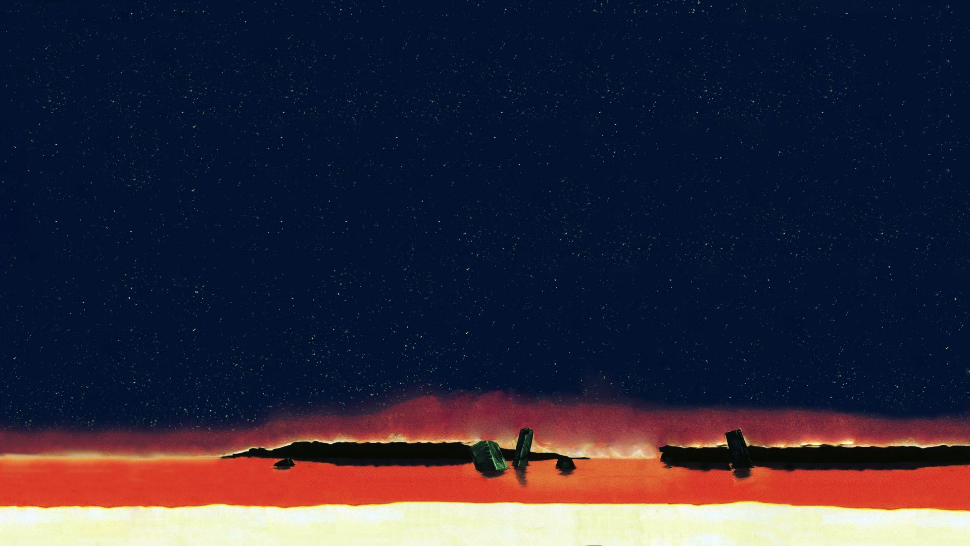 Ruins in a red sea under a starry sky HD Wallpaper