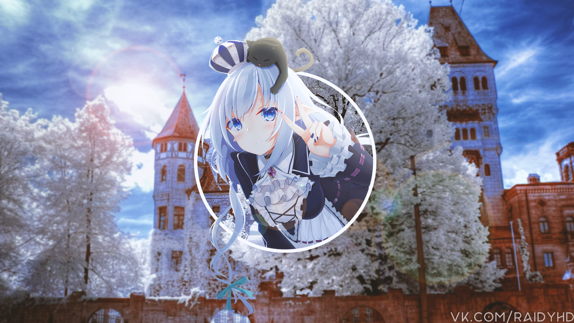 Anime girl with cat on head in front of castle HD Wallpaper