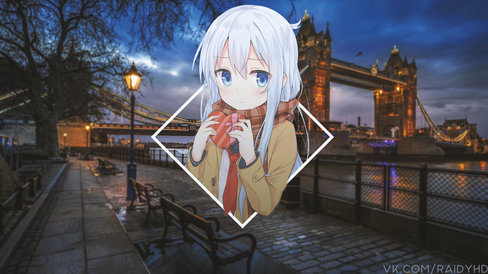 Hibiki from KanColle with London Tower Bridge HD Wallpaper