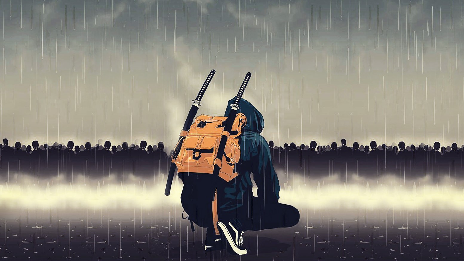 Samurai with swords and backpack in the rain HD Wallpaper