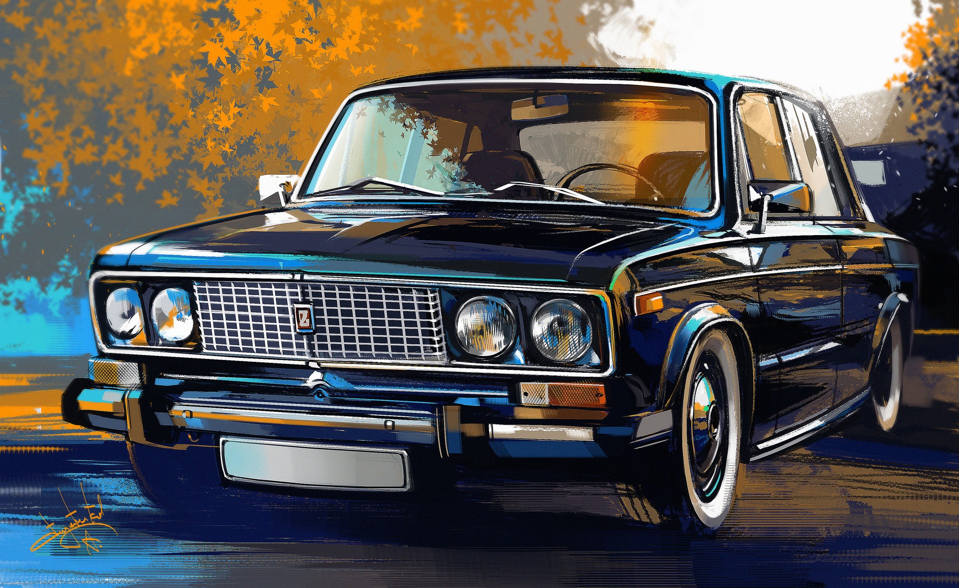 Painting of a vintage LADA car by Aleksandr Sidelnikov HD Wallpaper