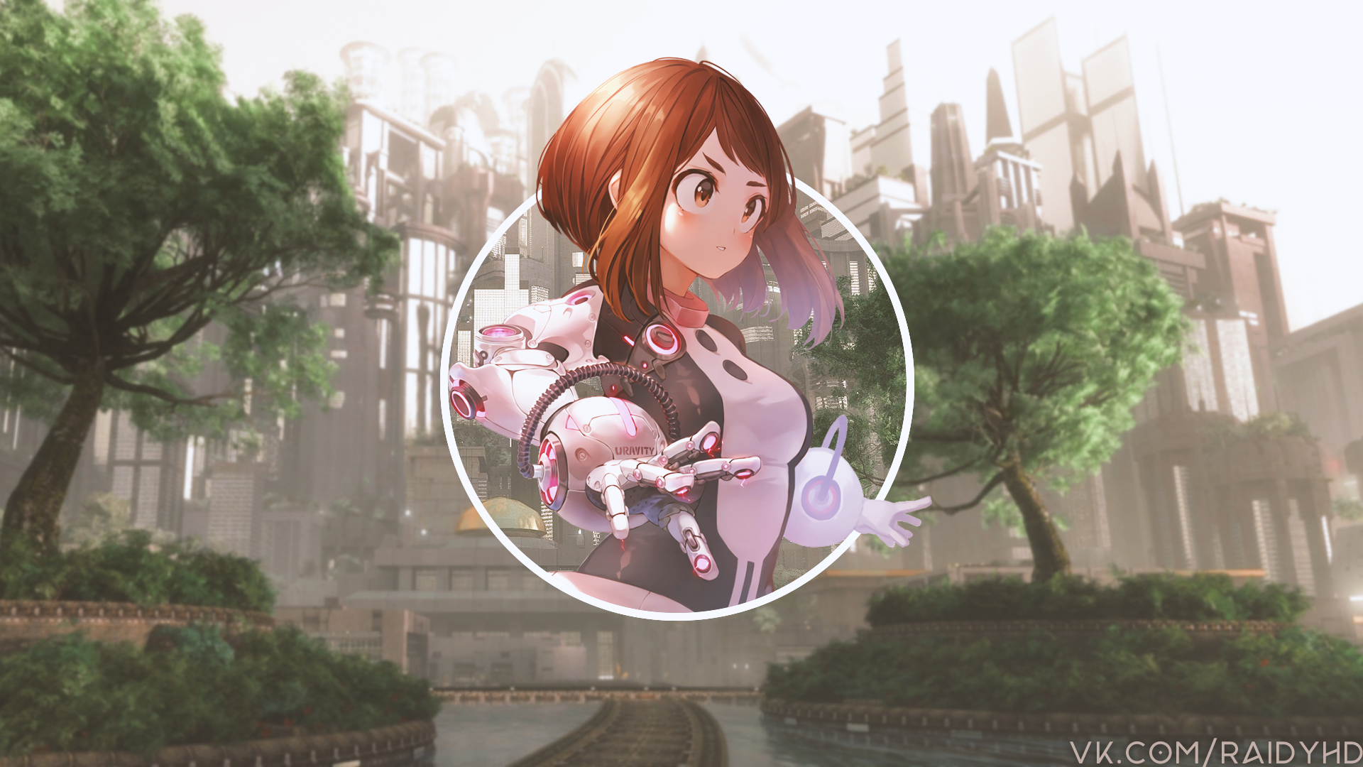 Ochako Uraraka from Boku no Hero Academia in a futuristic city HD Wallpaper
