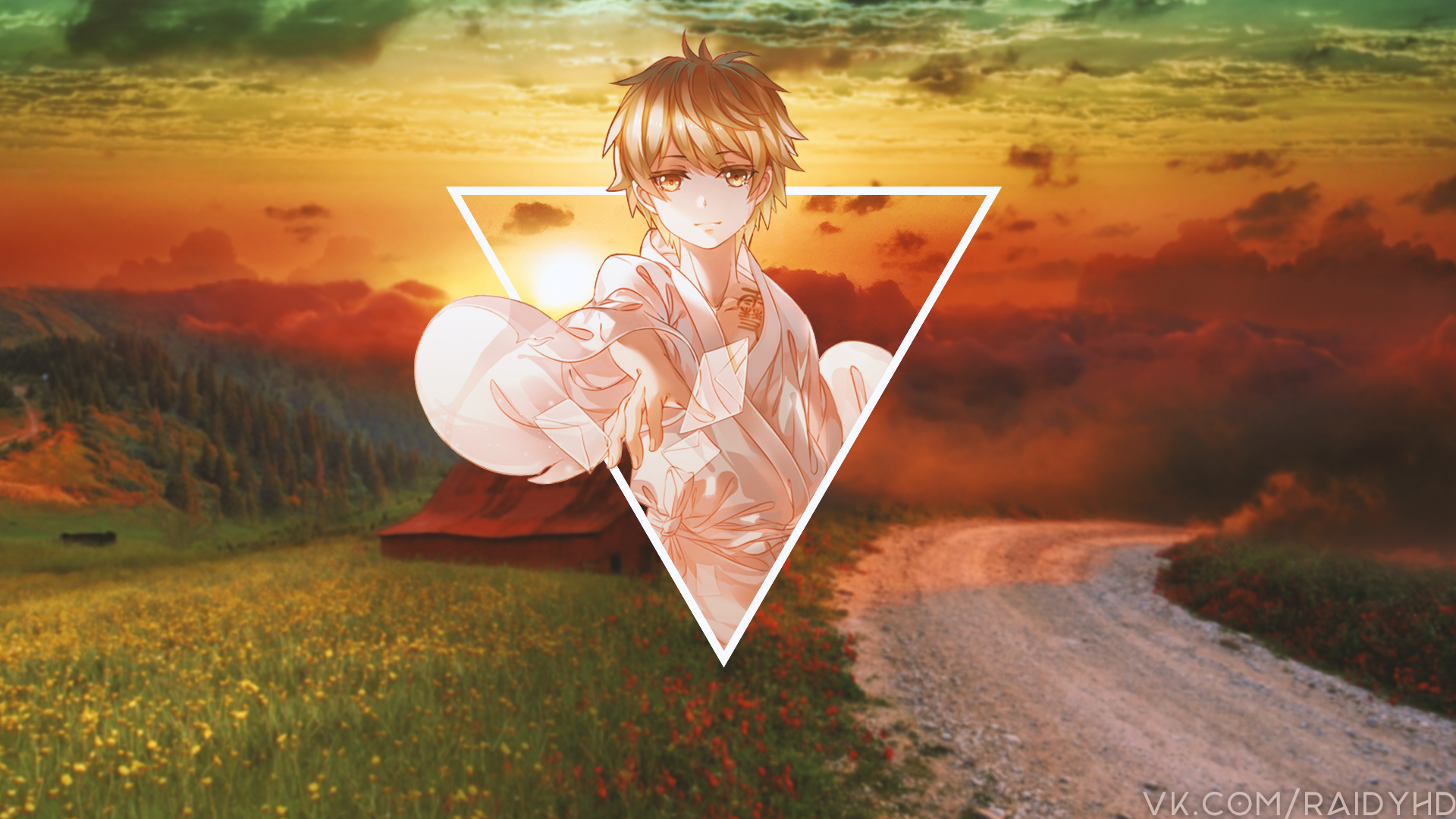 Anime boy in kimono reaching out against sunset landscape HD Wallpaper
