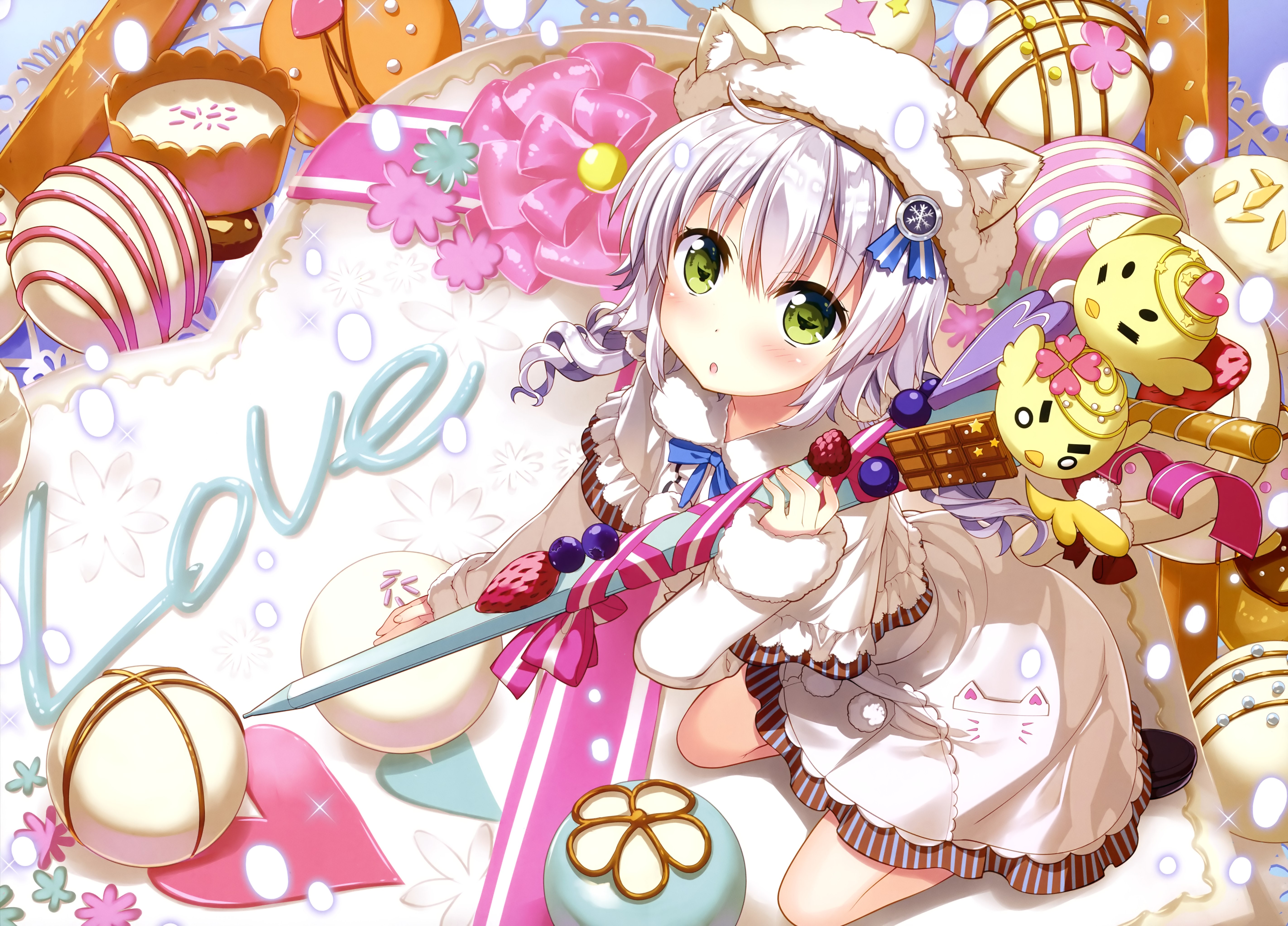 Anime girl with white hair and animal ears surrounded by sweets HD Wallpaper