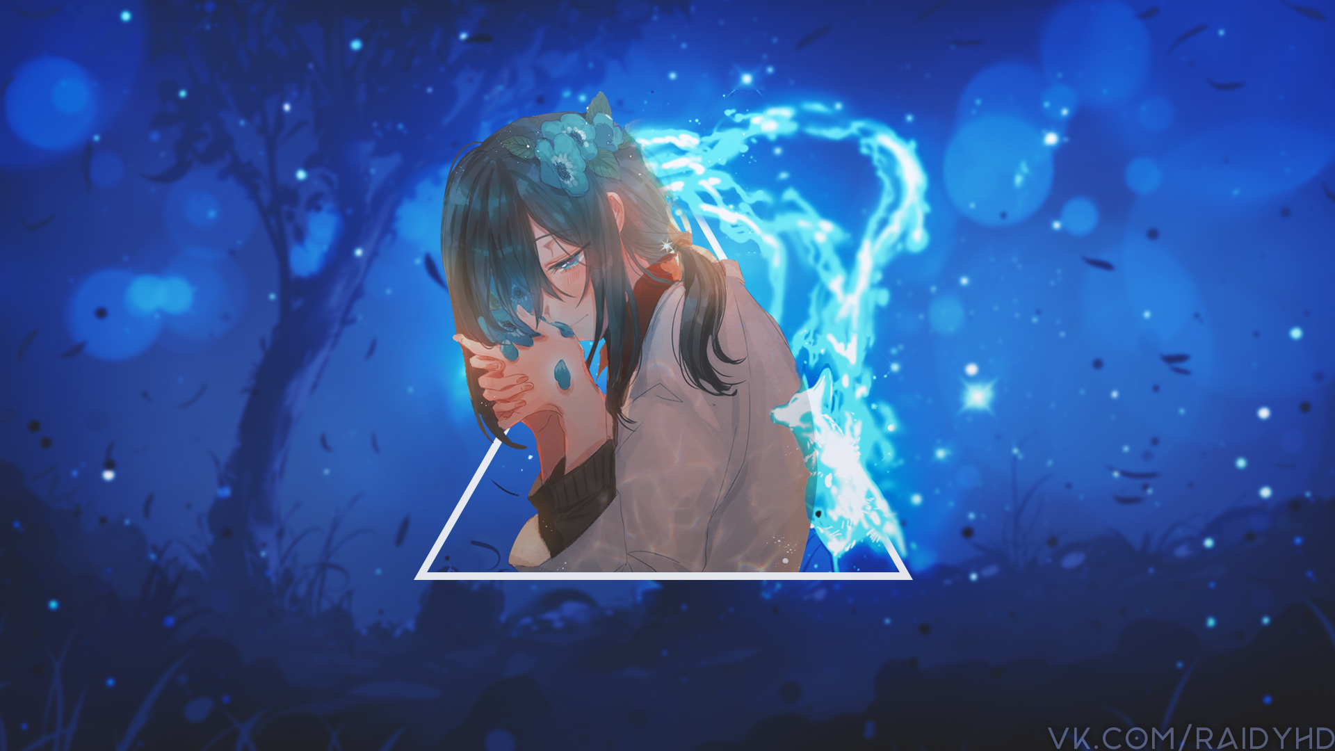 Anime girl with blue flowers and water spirit HD Wallpaper