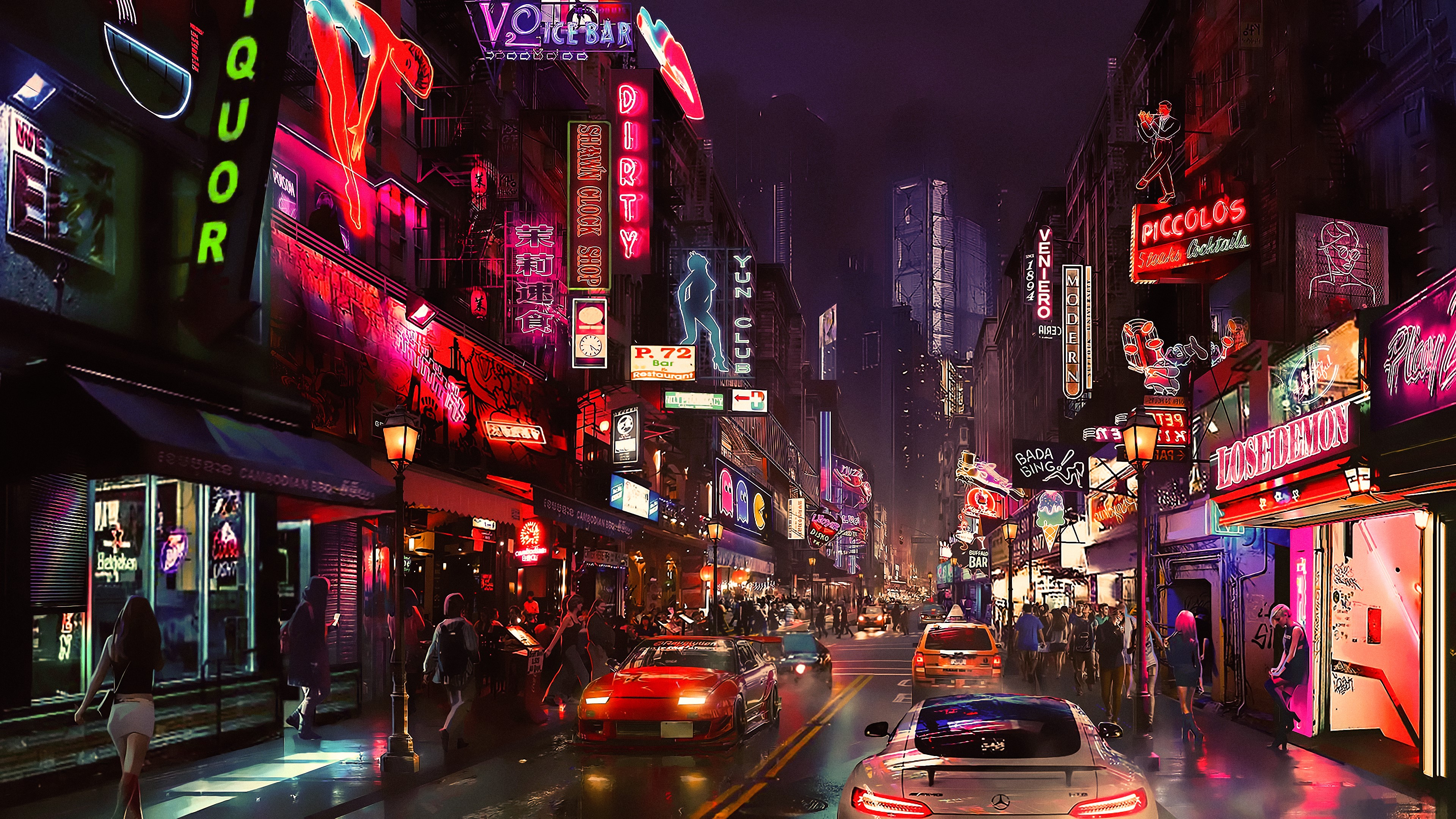 Cyberpunk City Street at Night with Neon Signs and Cars HD Wallpaper