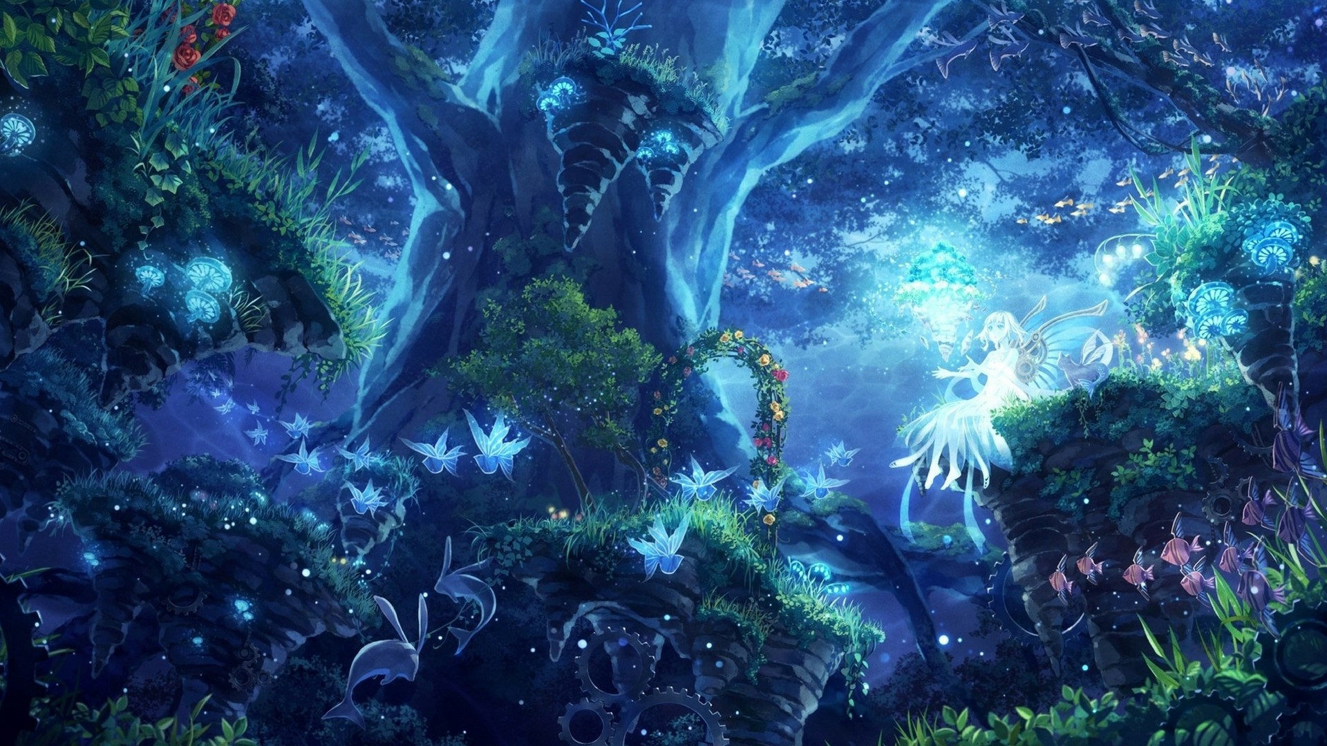 Anime fairy forest with glowing lights HD Wallpaper