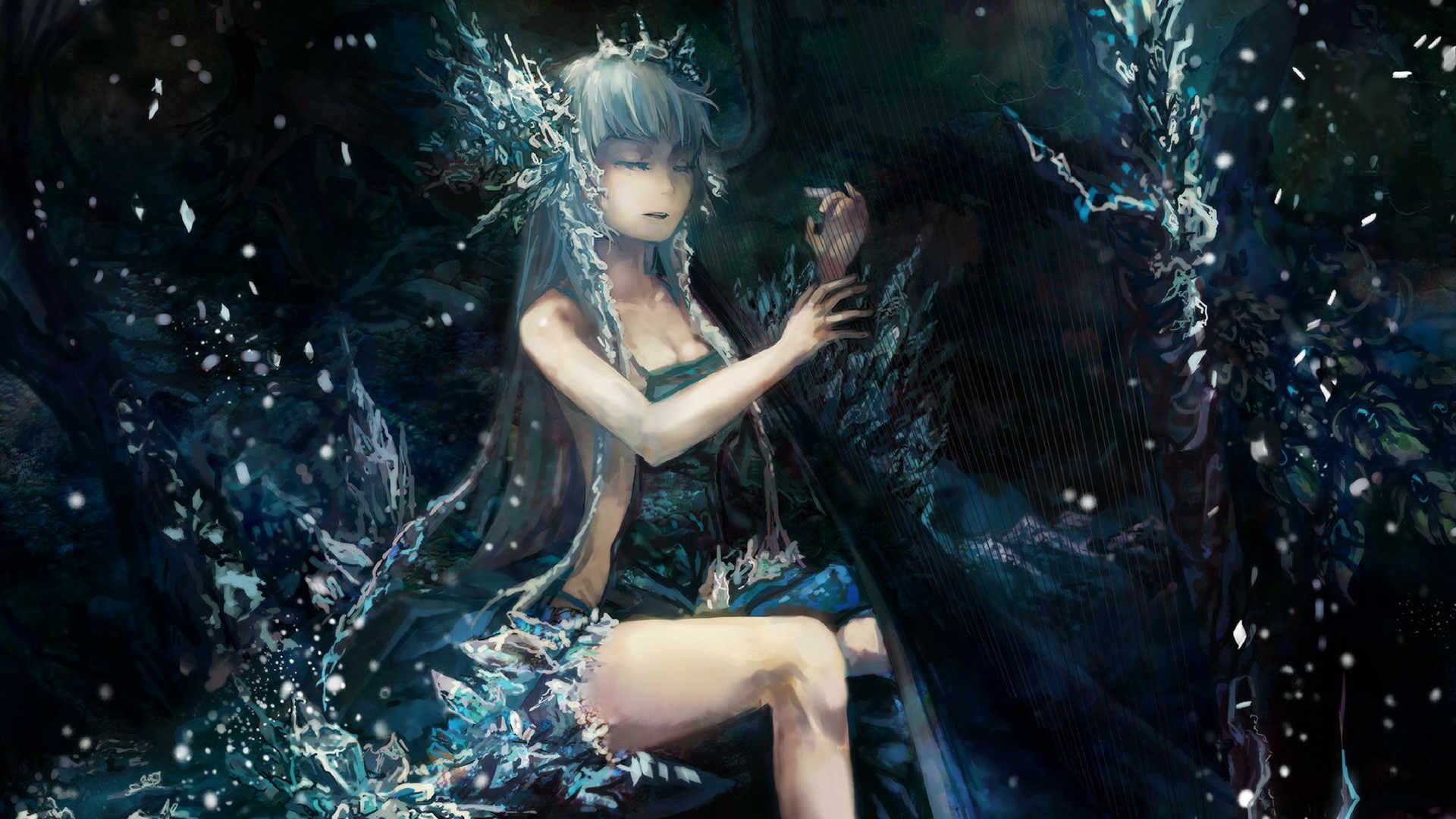 Anime girl with white hair playing a harp HD Wallpaper