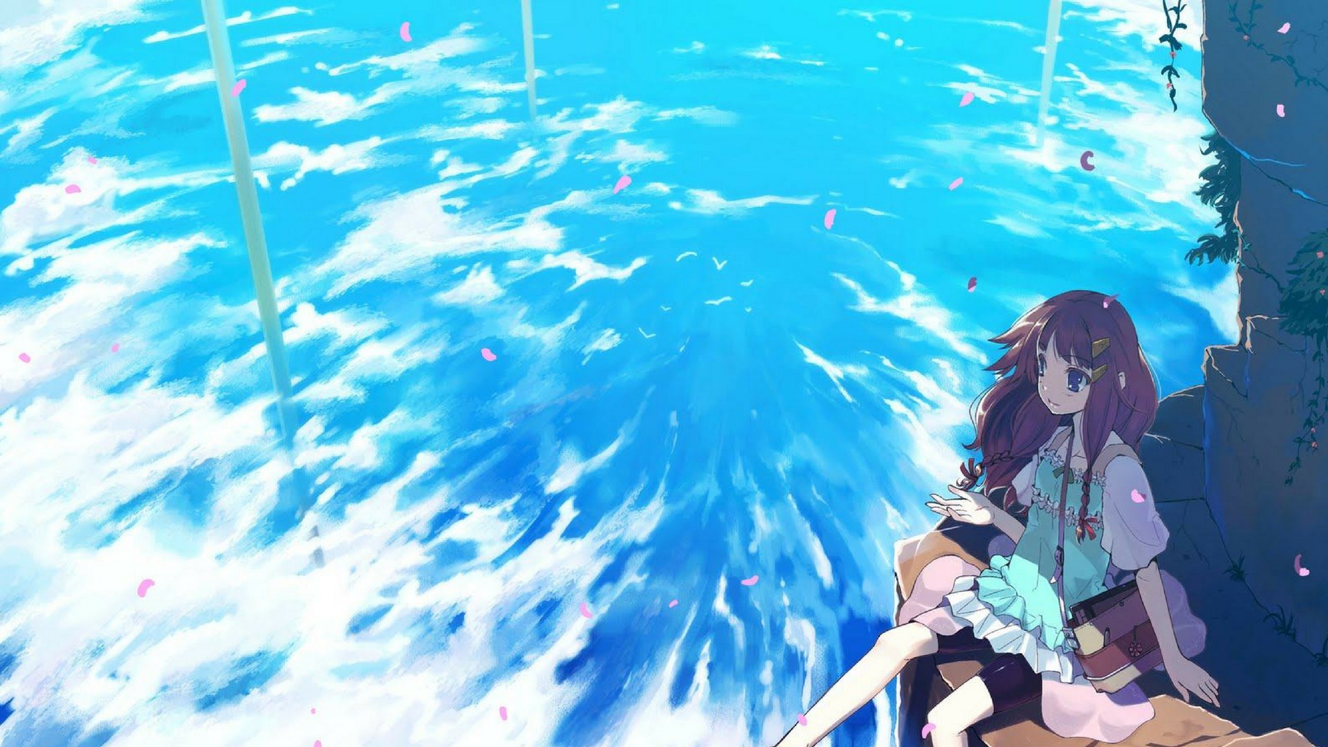 Anime girl with purple hair sitting on rocks under a blue sky HD Wallpaper