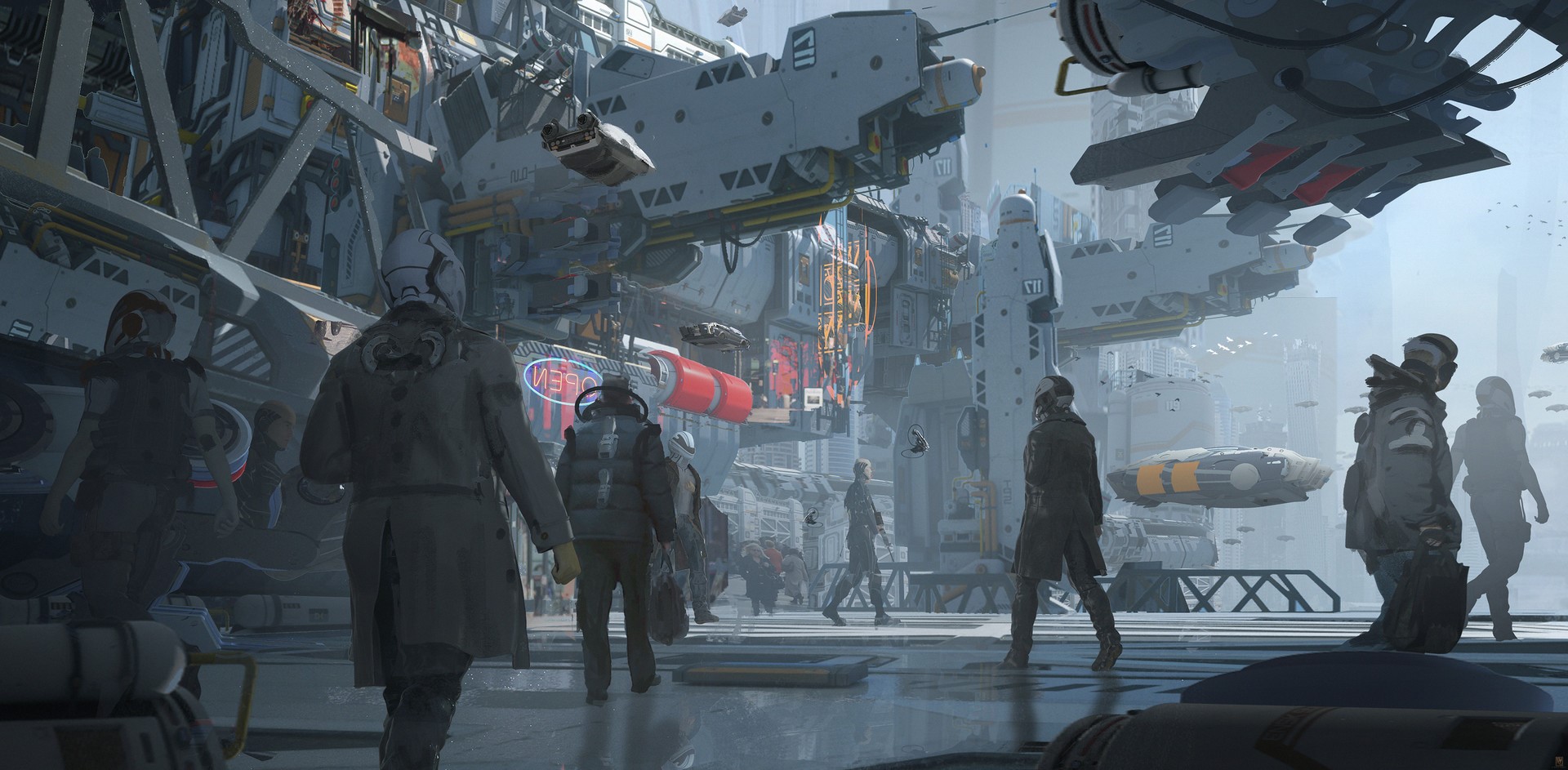 Futuristic Cityscape with Figures and Aircraft by Wadim Kashin HD Wallpaper